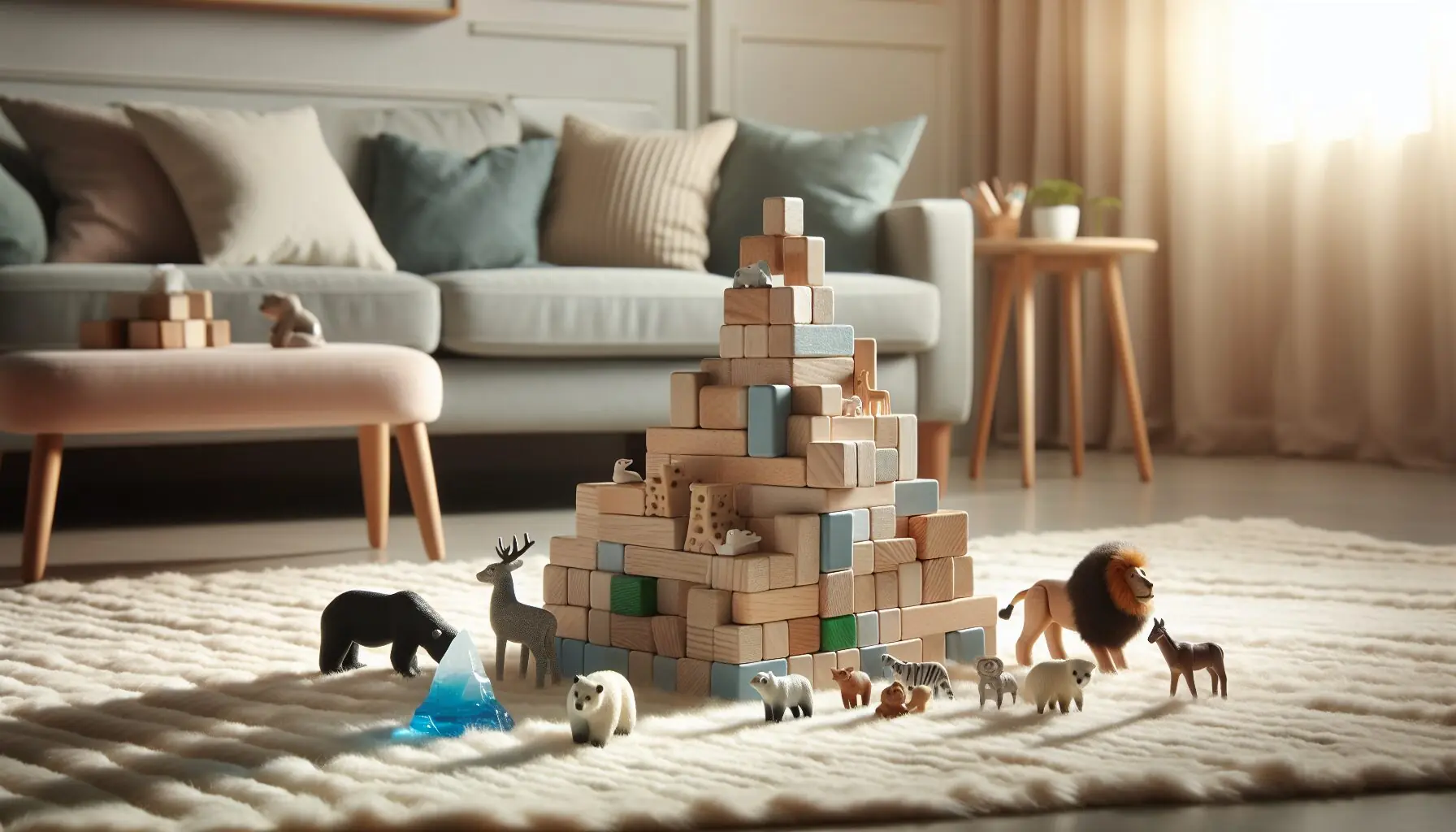 Generate an image of toy blocks forming an iceberg, with toy animals needing rescue.