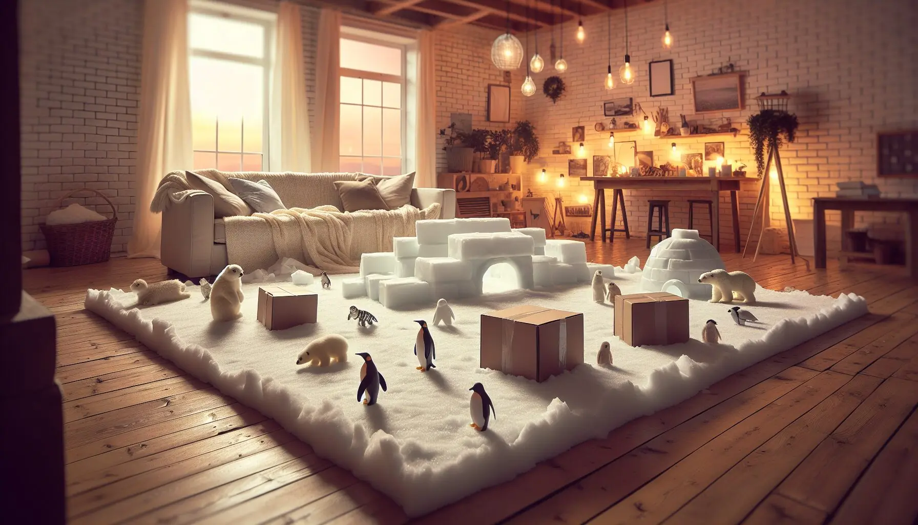 Generate an image of a blanket on the floor, small toy animals scattered, and boxes used as igloos.