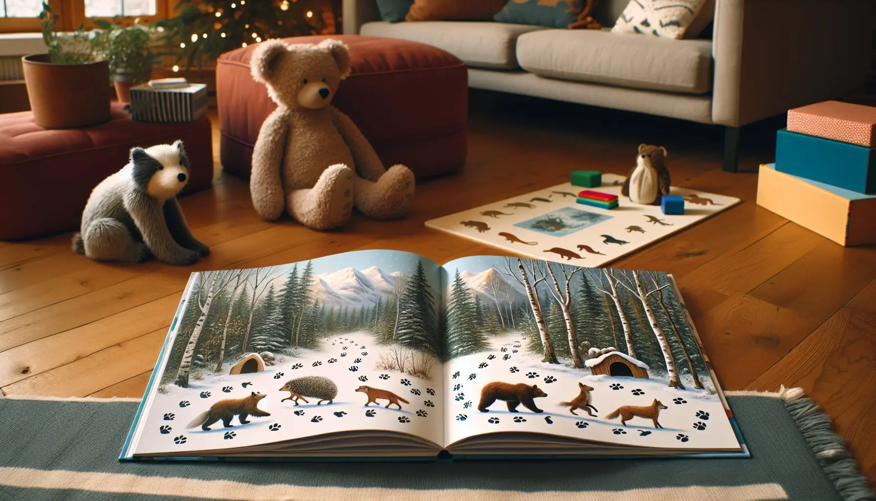 Generate an image of a snowy forest landscape with illustrated animal footprints and burrows.