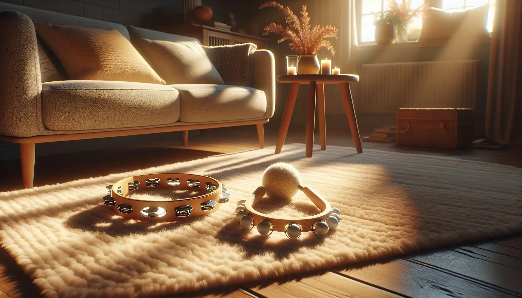 Generate an image of simple percussion instruments like a tambourine and homemade shakers on a cozy rug.