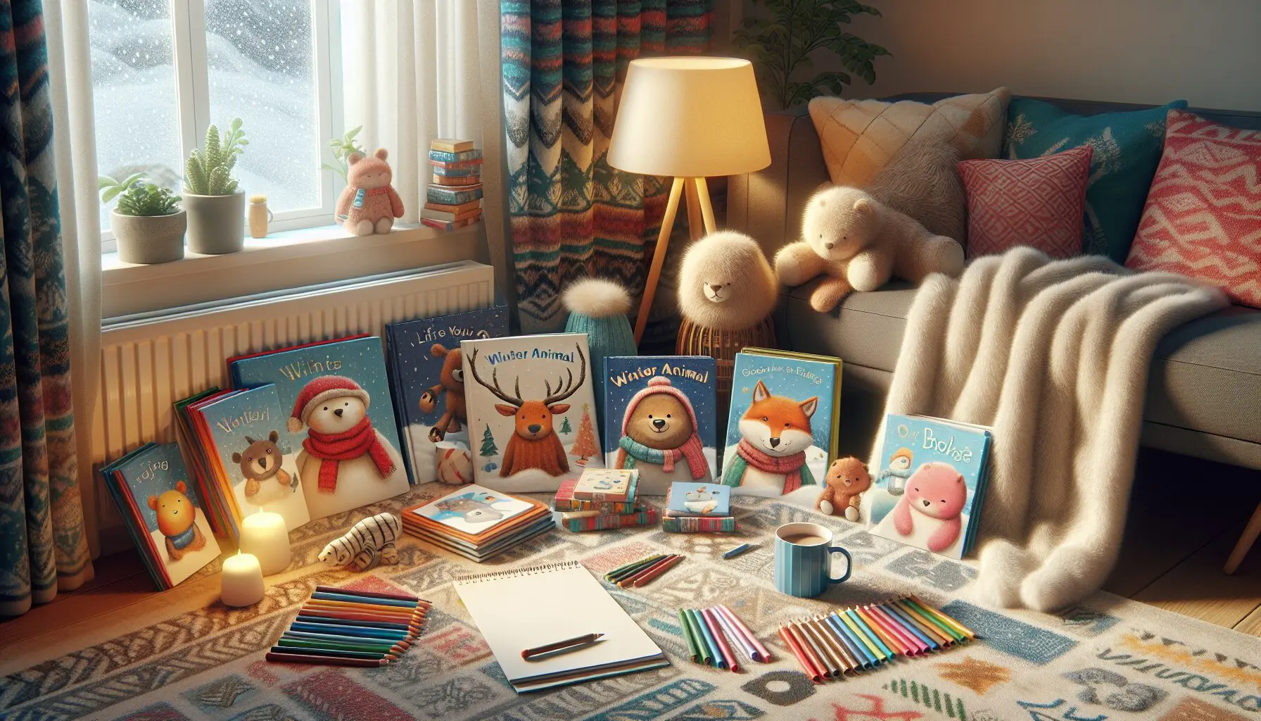Generate an image of a child-friendly storytime setup with colorful books about winter animals, laid out with crayons and paper for drawing.