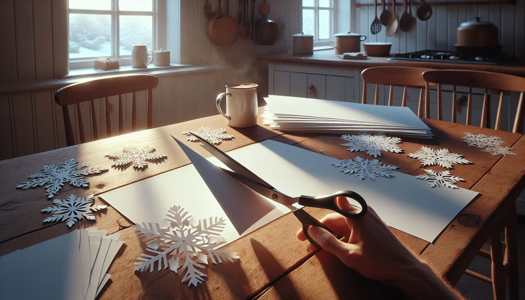 Generate an image of scissors cutting a folded triangle of paper with snowflakes already cut out on a cozy table setting.