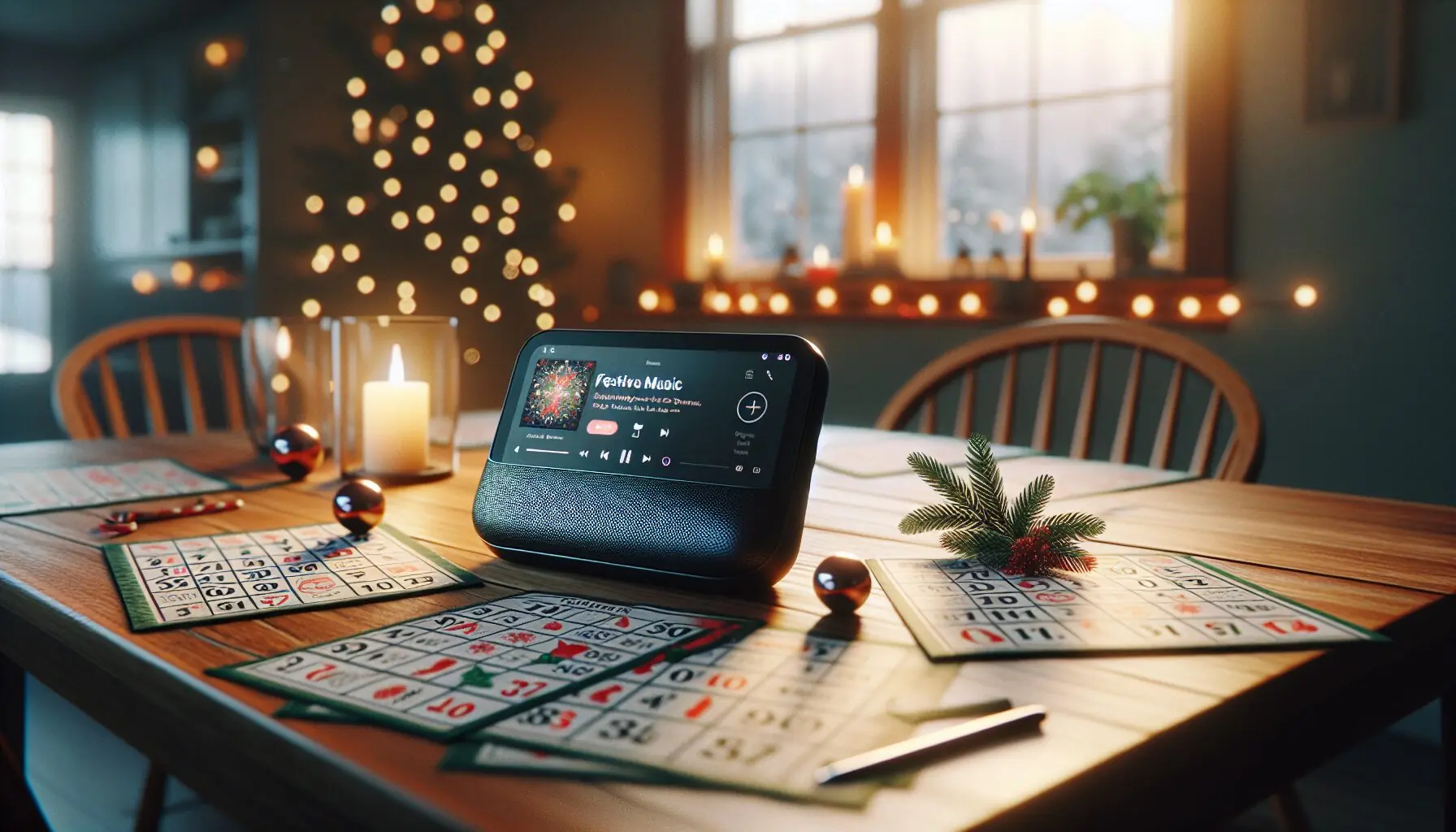 Generate an image of cozy winter setting with music notes and a festive music playlist playing device.