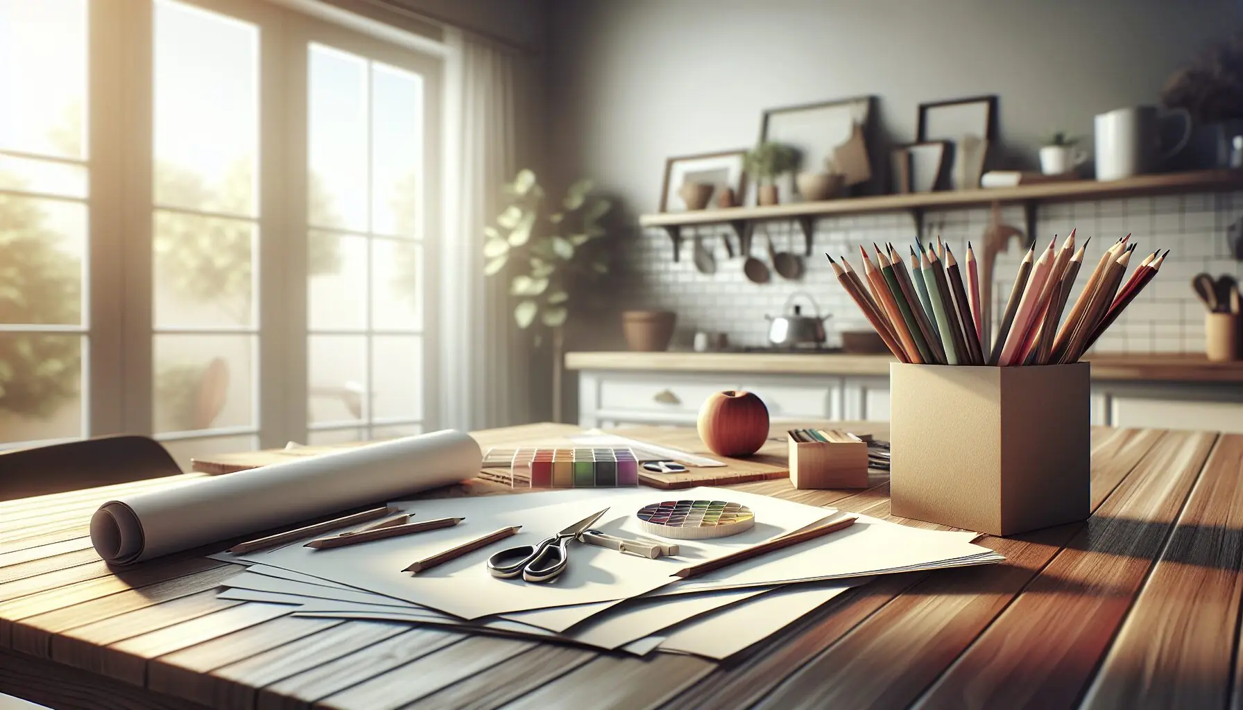 Create an image showing a selection of colored pencils, white paper, and scissors laid out neatly, ready for crafting.