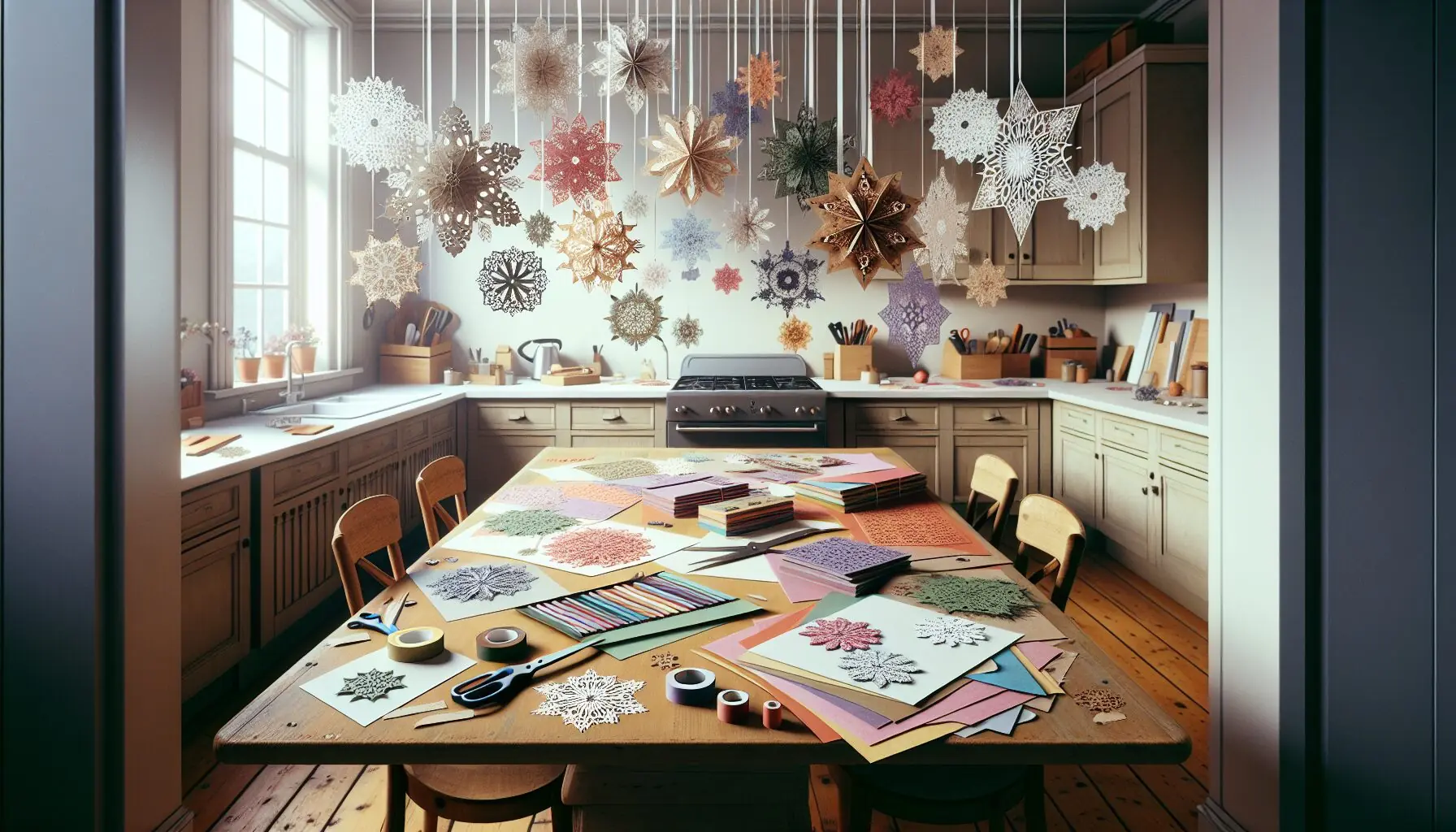 Produce an image of various paper snowflakes hanging as decorations, symbolizing uniqueness and individuality in a room.