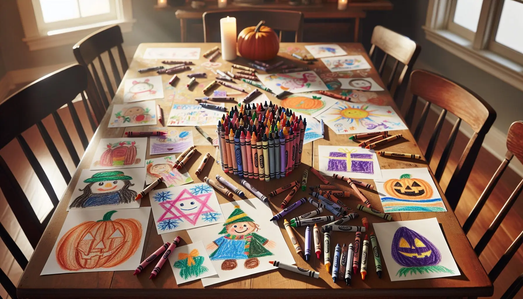 Generate an image of children's drawings of different holiday celebrations, with crayons and markers scattered around.