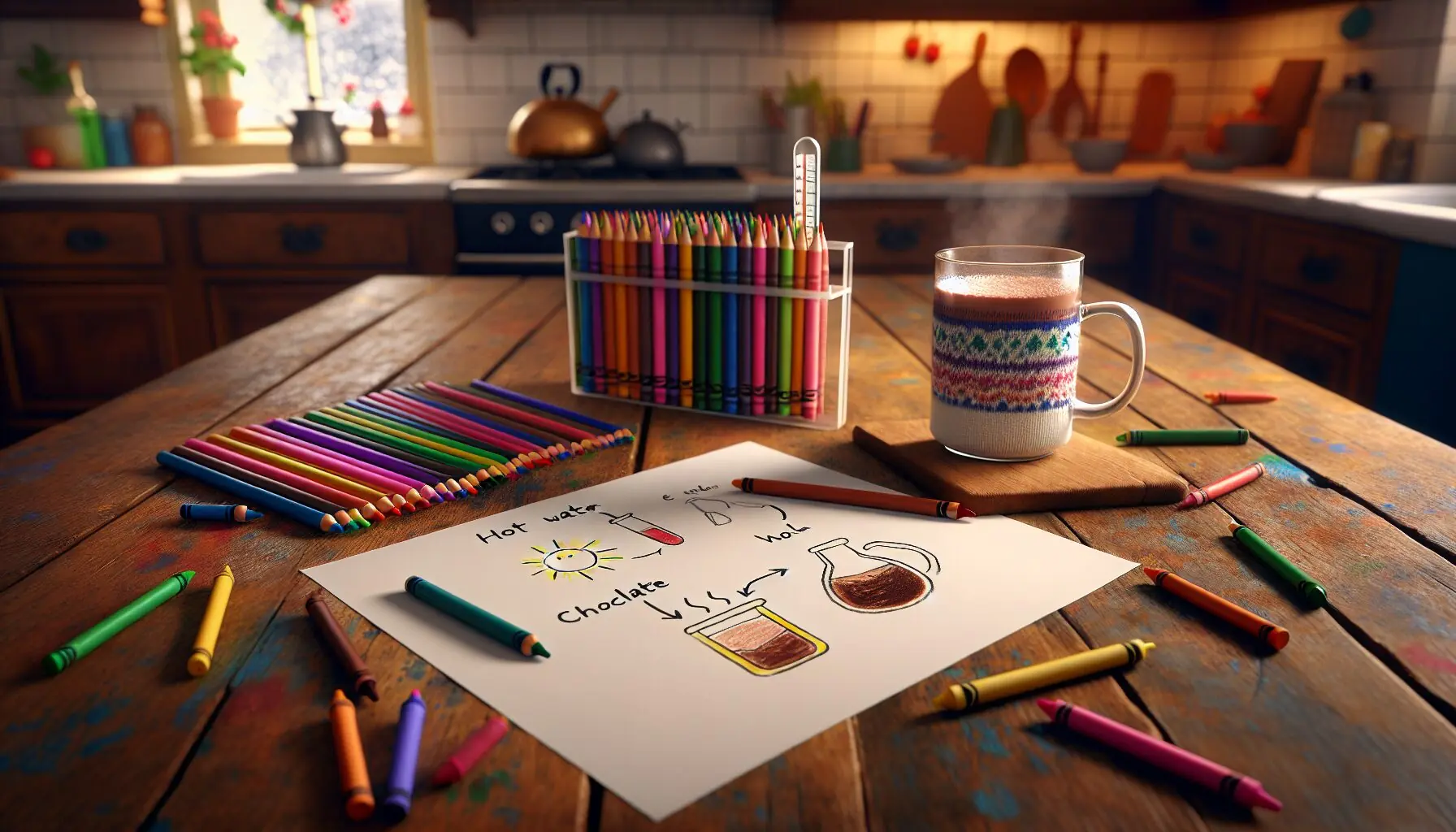 Generate an image of a child drawing temperature effects with colorful crayons, illustrating hot and cold water differences.