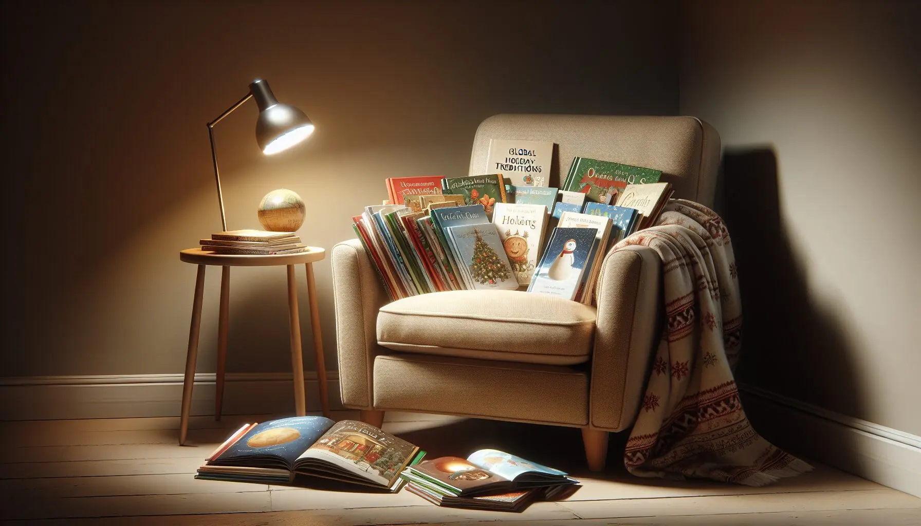 Generate an image of a cozy reading nook with a variety of colorful children's books about global holidays.