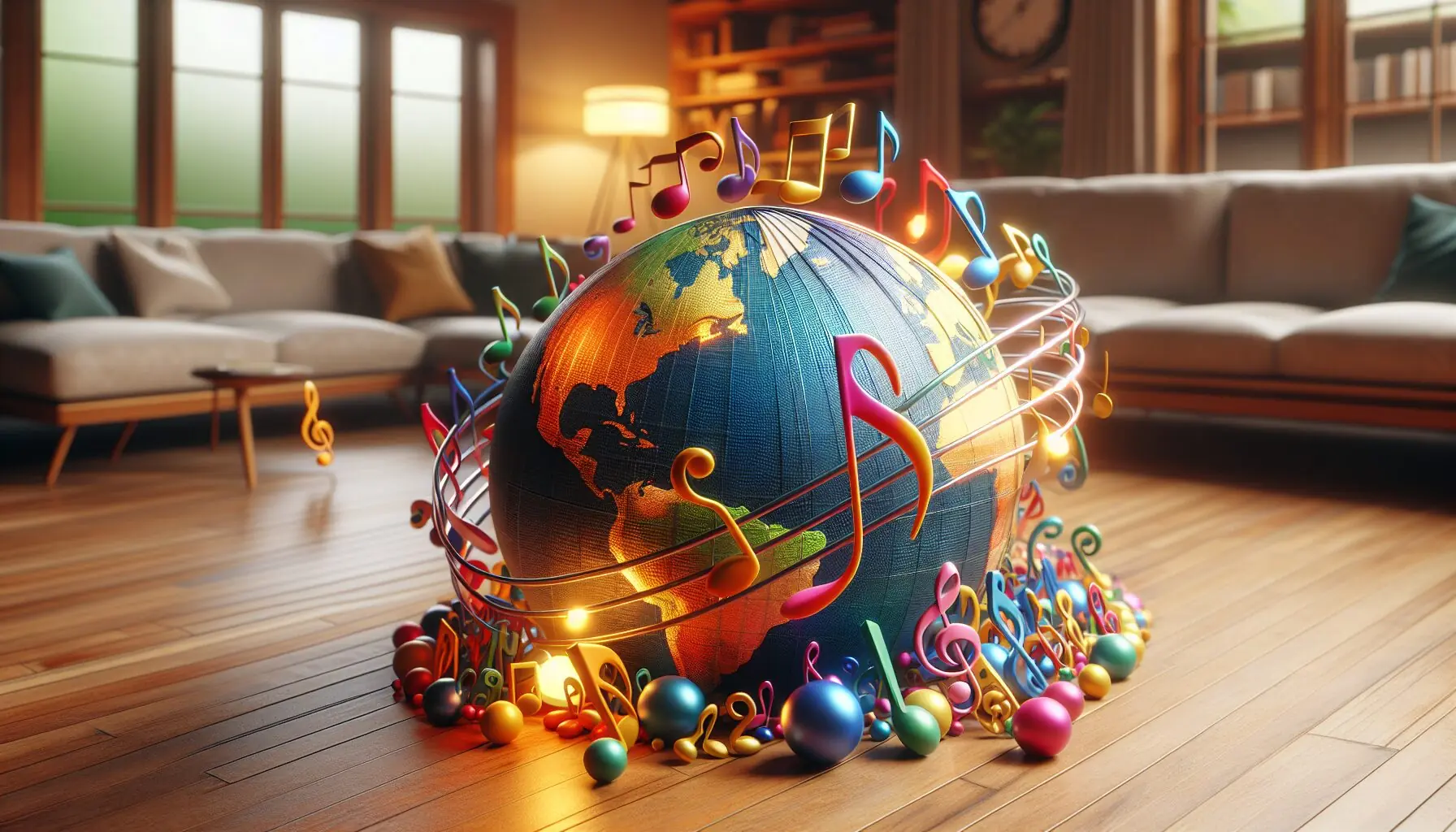 Generate an image of colorful musical notes and symbols around a globe showing different countries.