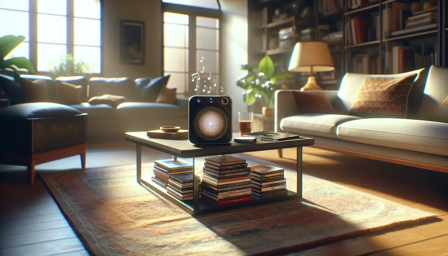 Generate an image of a child and a parent listening to music, with musical notes floating around them.