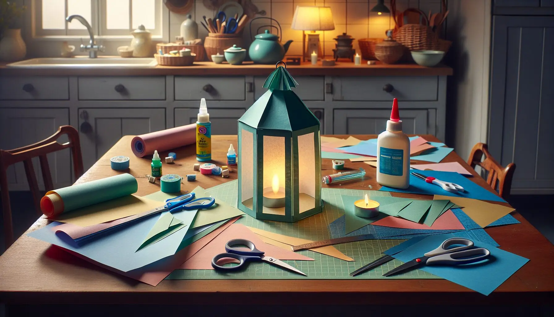 Generate an image of colored construction paper, glue, scissors, and a tealight, with a partially made lantern.