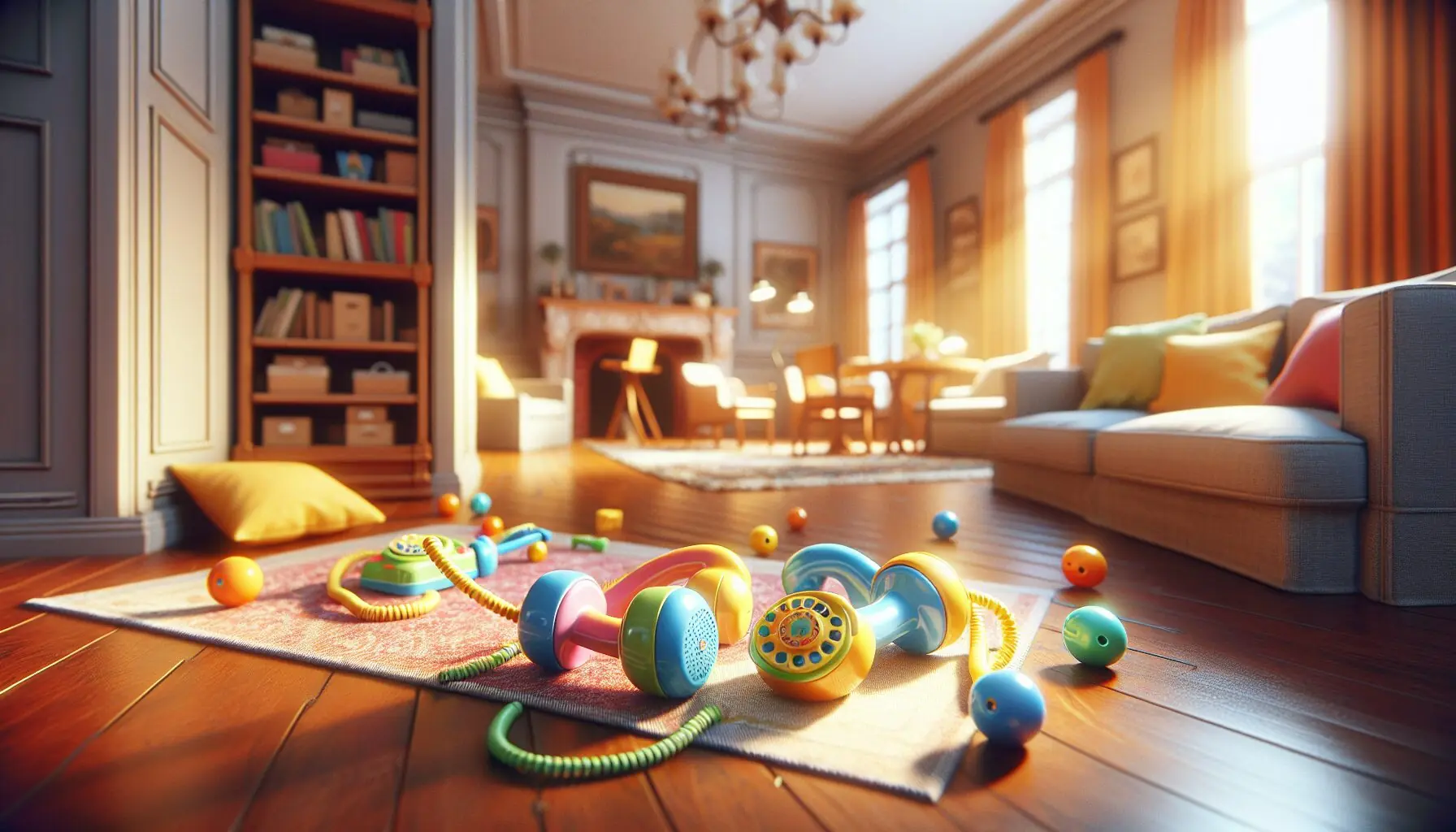 Generate an image of playful, colorful telephones connected by a string, symbolizing communication.