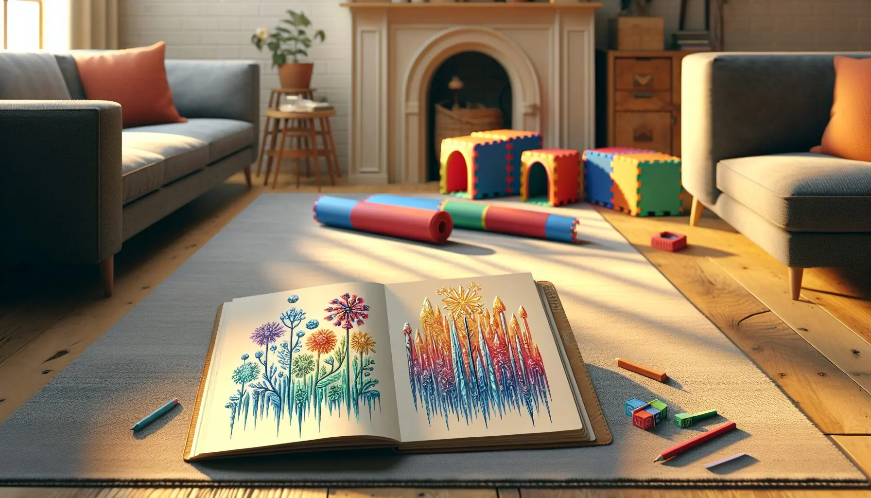 Illustrate a playful scene with drawn icicles and a play mat representing imaginative adventures.