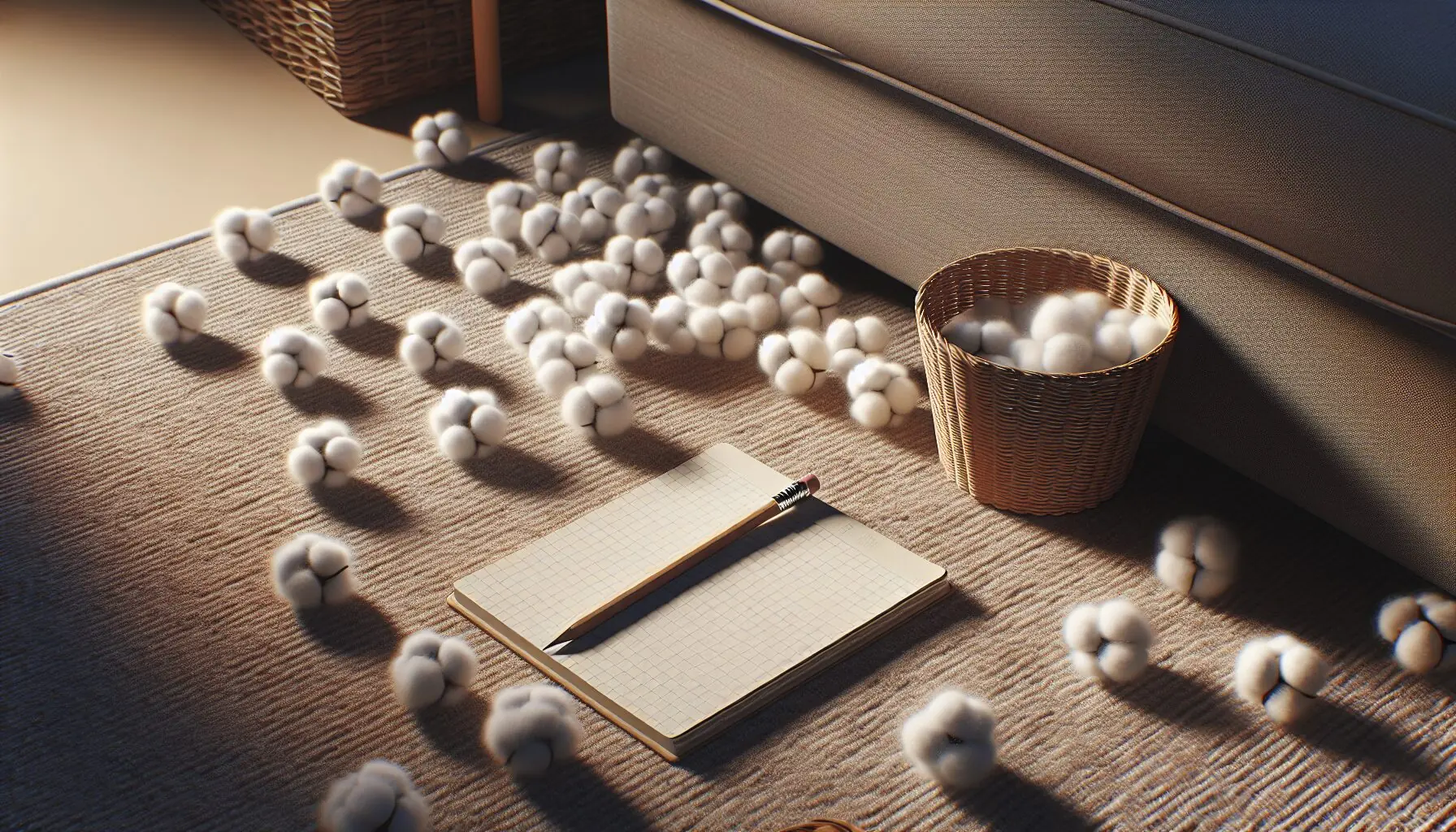 Generate an image of cotton balls on a living room floor with a notepad for scorekeeping.