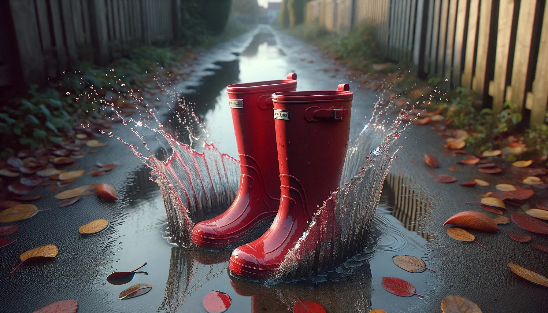 Visualize a pair of bright red rain boots splashing in a rain puddle.