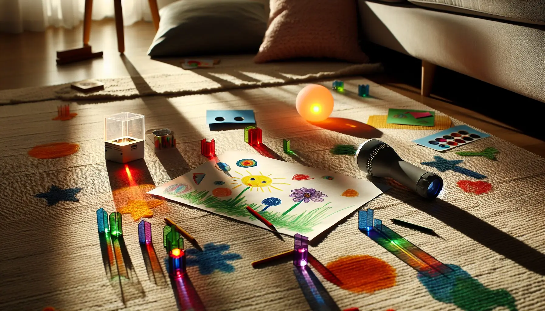 Generate an image of a child’s drawing with colorful lights and shapes intended for wall projection.