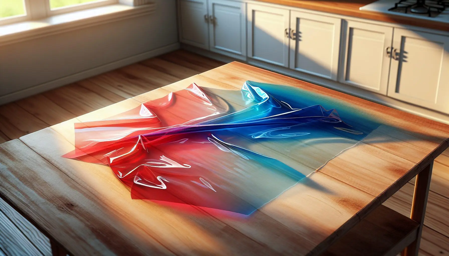 Generate an image of two cellophane sheets—one red, one blue—overlapping to create a new color.