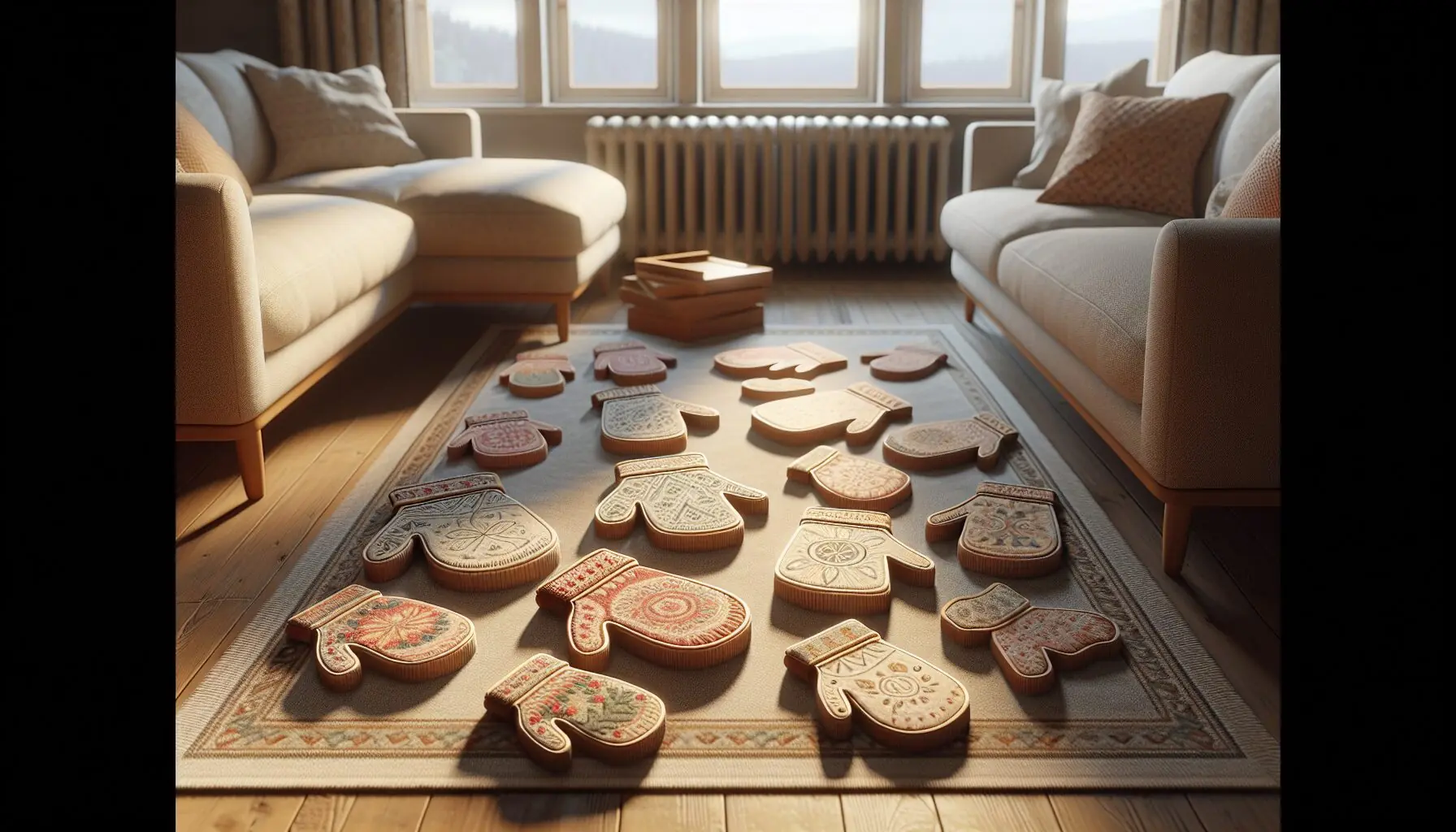 Generate an image of colorful mitten cut-outs scattered around a play area.