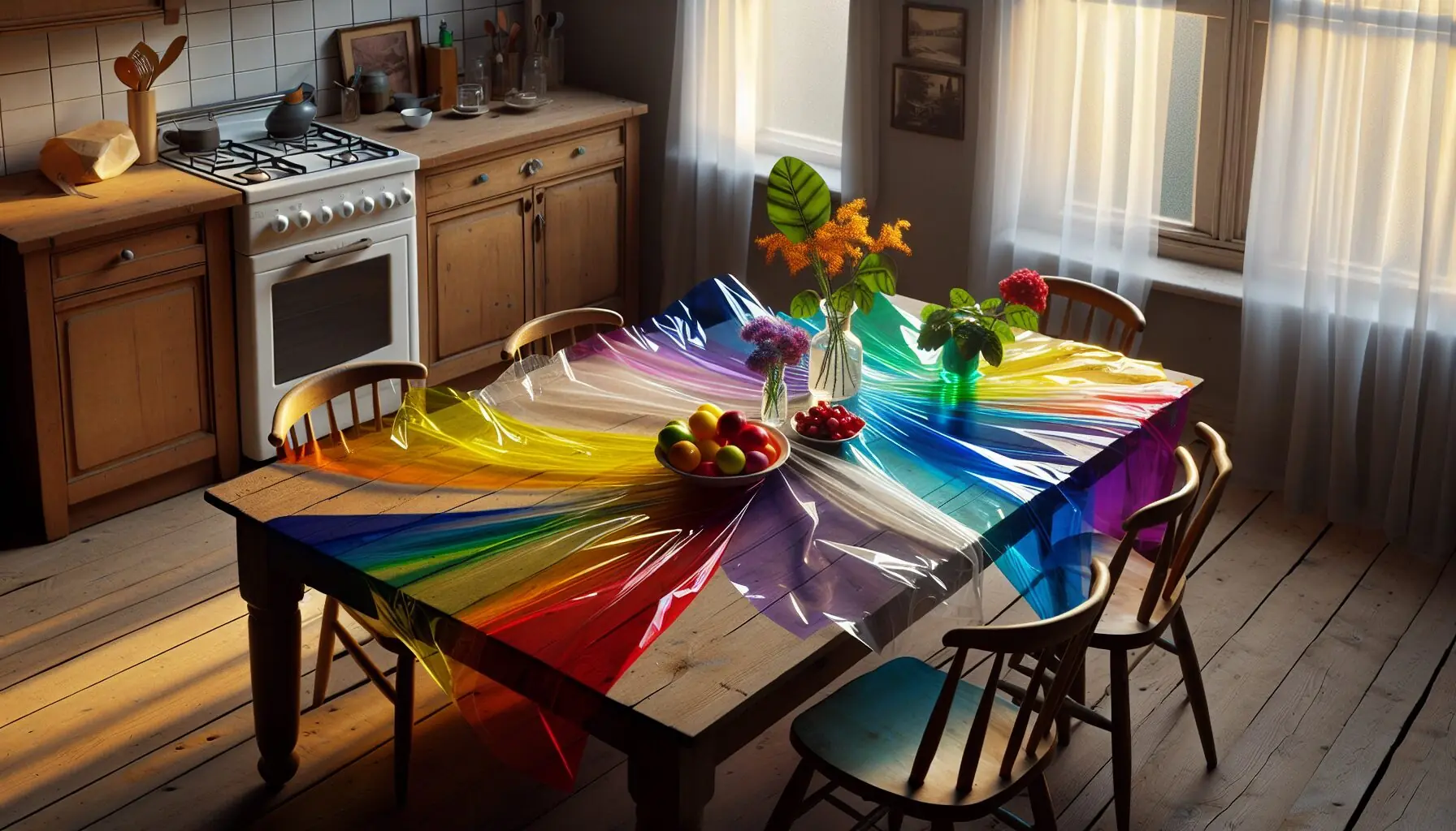 Generate an image of colorful cellophane sheets on a wooden table.
