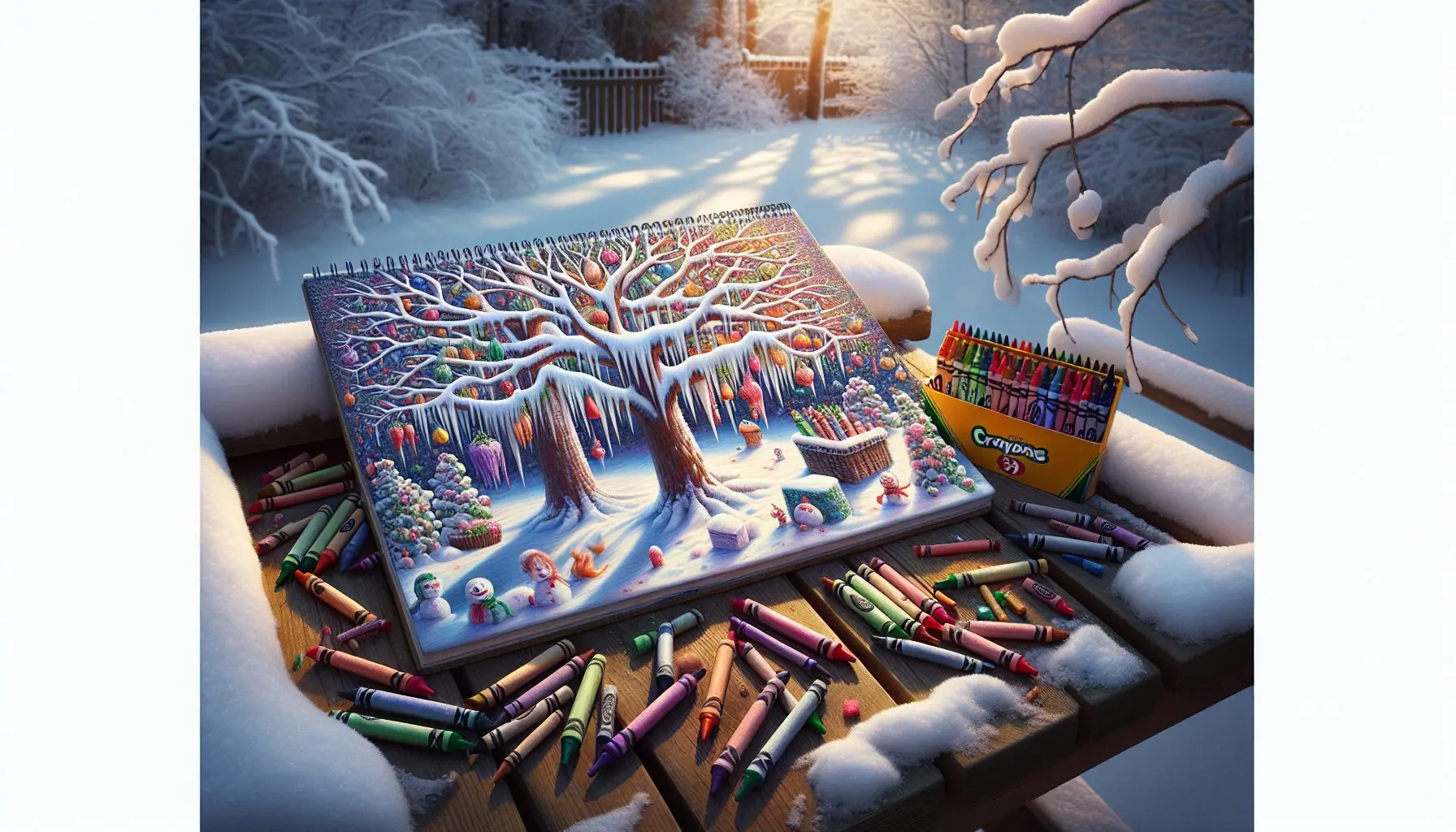 Create an image of a colorful notepad with drawings of icicles, placed amidst snowy surroundings.
