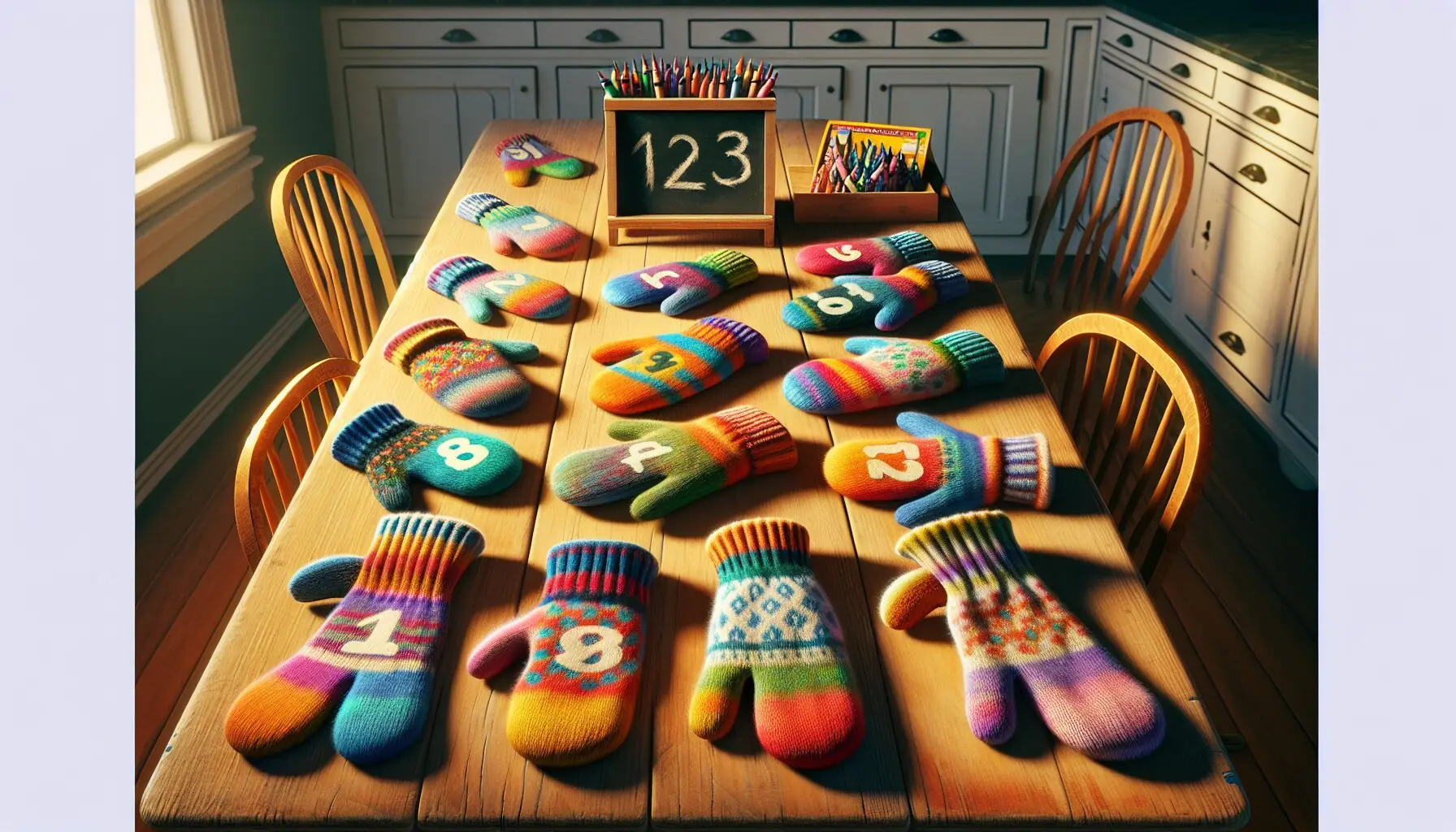 Generate an image depicting a child joyfully arranging numbered mitten cut-outs.