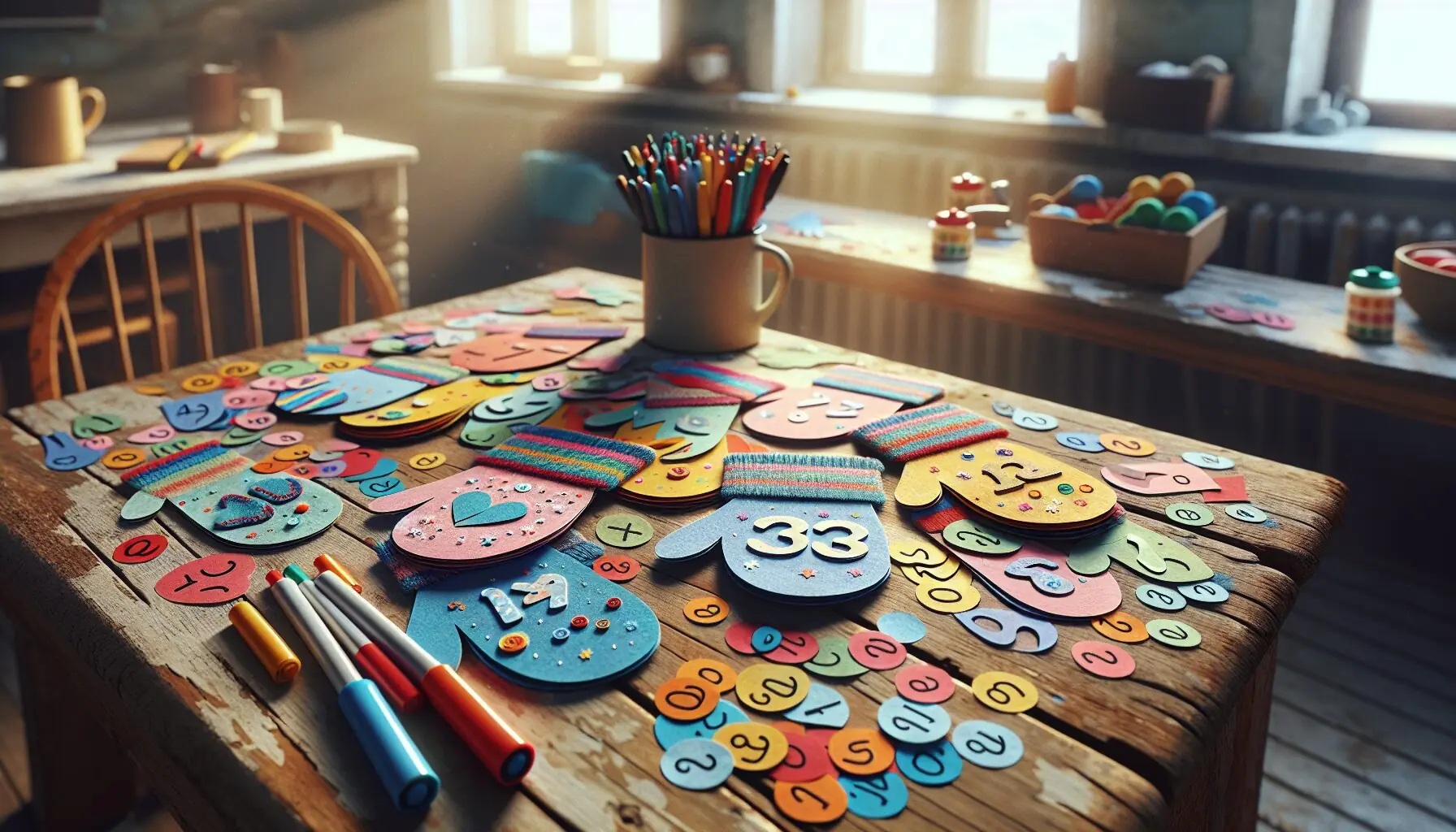 Generate an image of a table with mitten-shaped cut-outs, stickers, and markers.