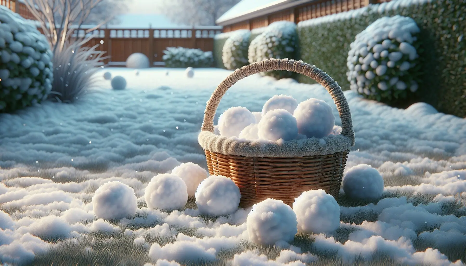 Generate an image of a snow-covered backyard with soft snowballs and a small basket.