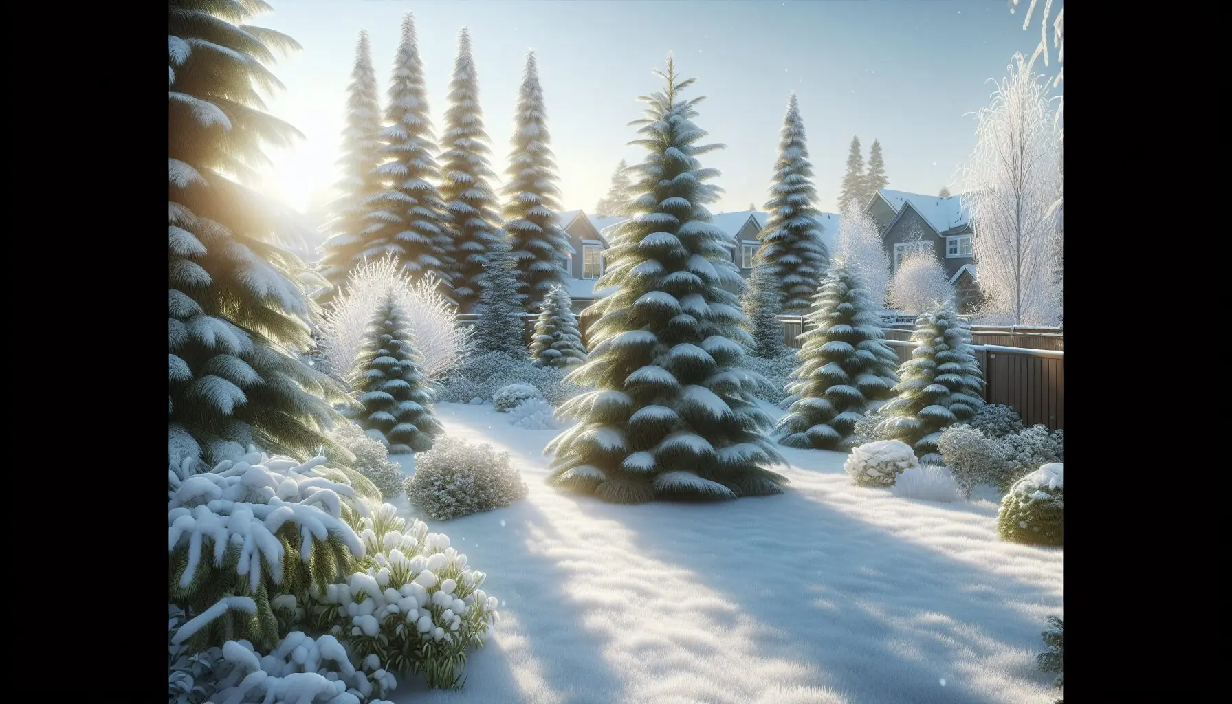 Generate an image of a snowy coat on evergreen trees, sparkling under winter sunlight.