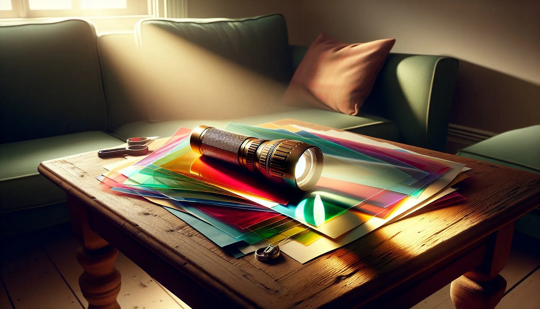 Generate an image of a flashlight shining different colored lights on a poster board.