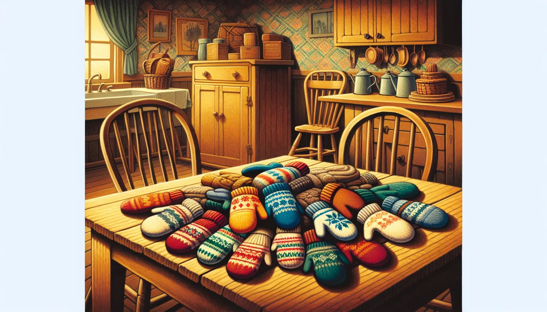 Generate an image of a wooden table filled with assorted pairs of mittens in a cozy room.