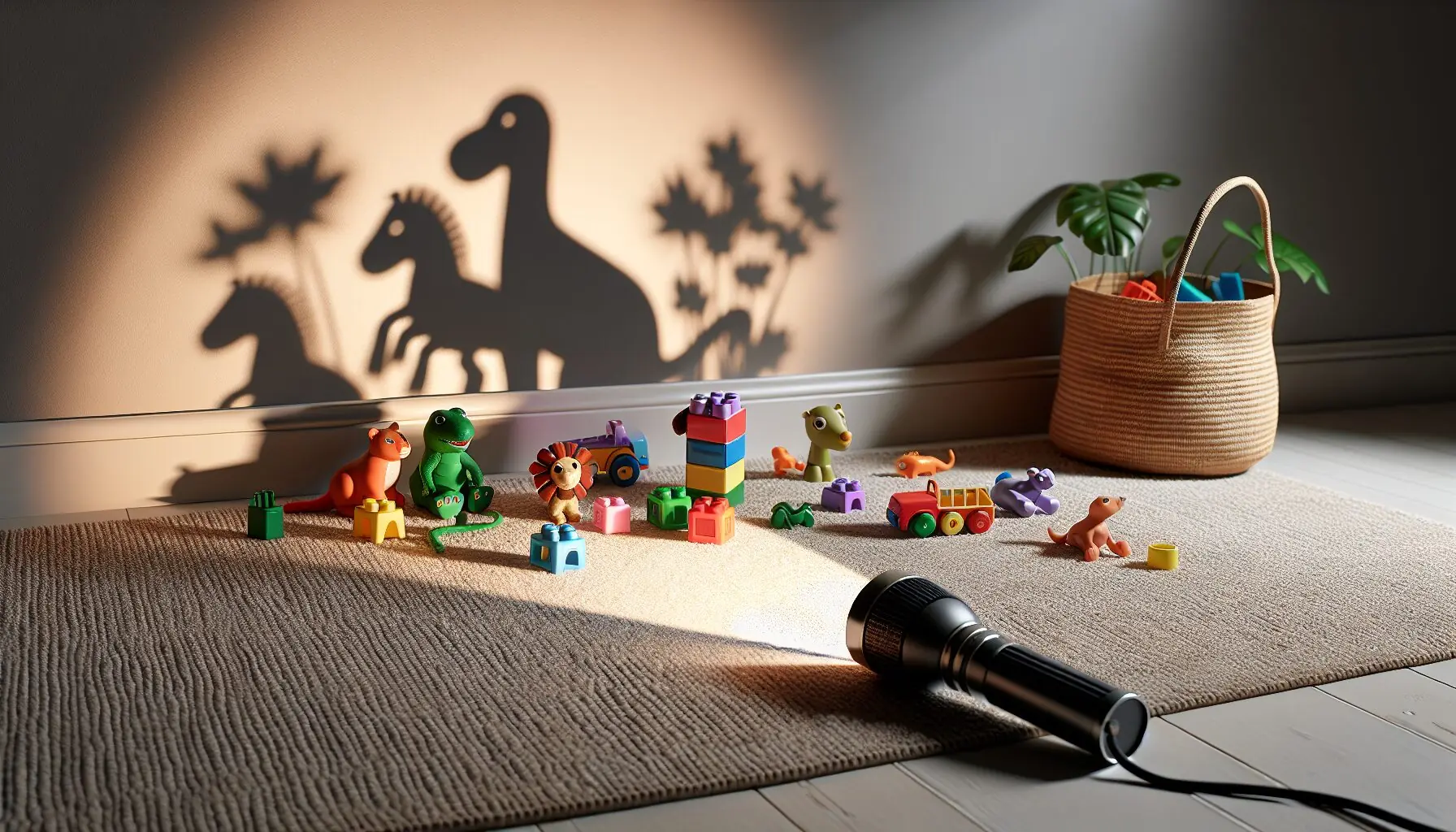 Generate an image of various toys like plastic animals arranged on a flat surface with a flashlight casting shadows.