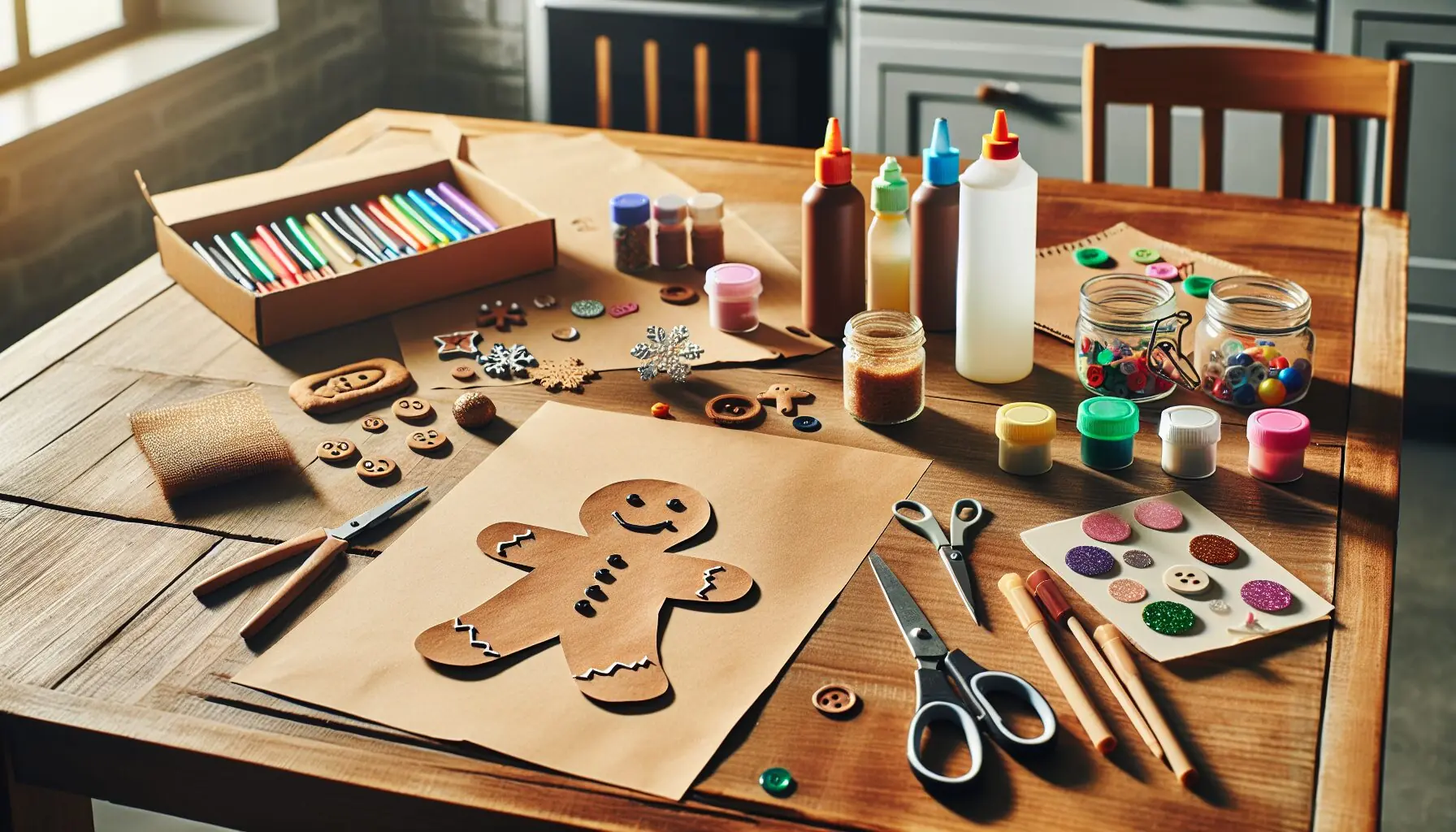 Generate an image of colorful craft supplies, including brown paper, scissors, and glue sticks.