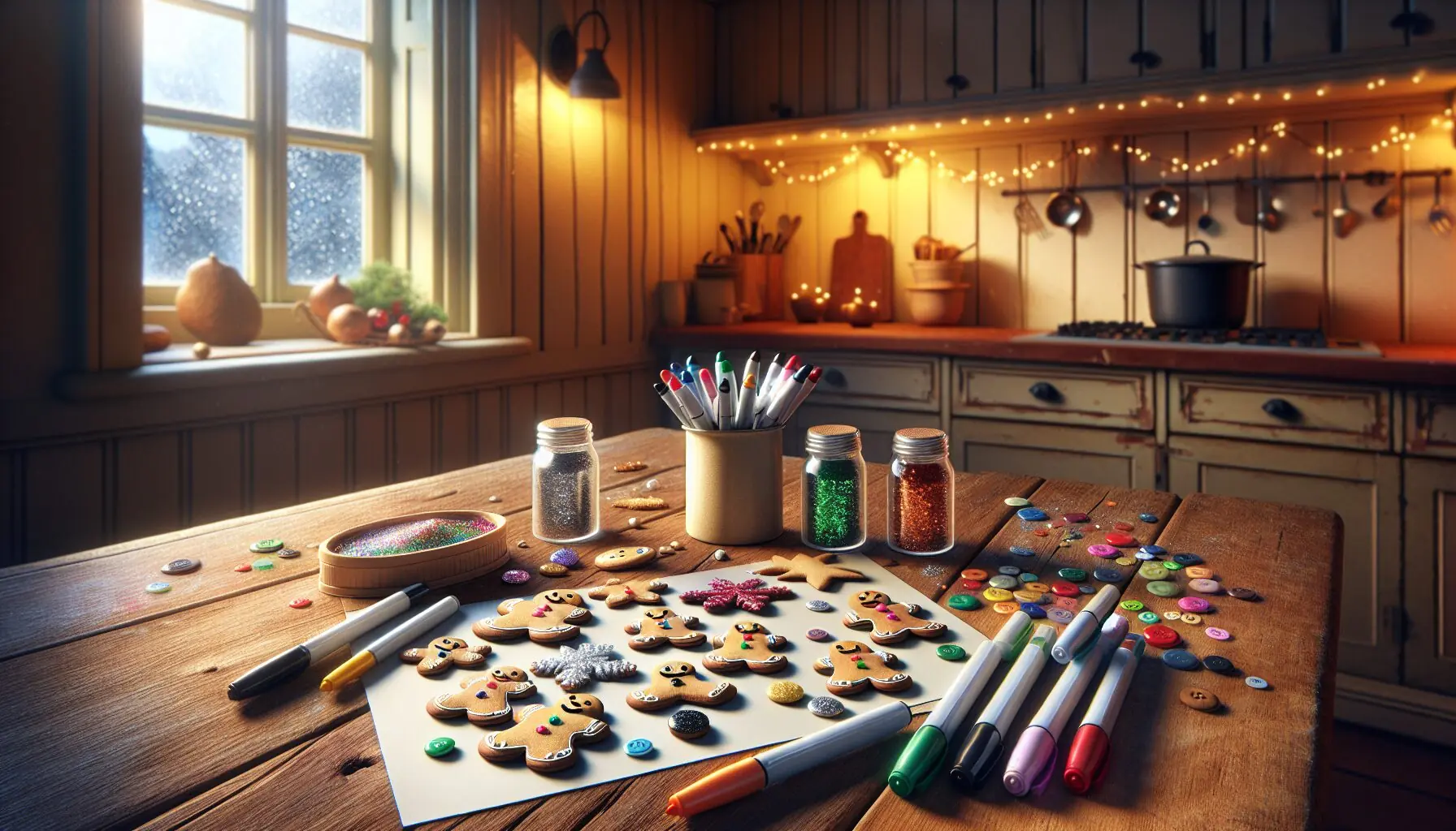 Generate an image of decorated gingerbread paper crafts with glitter, buttons, and markers.