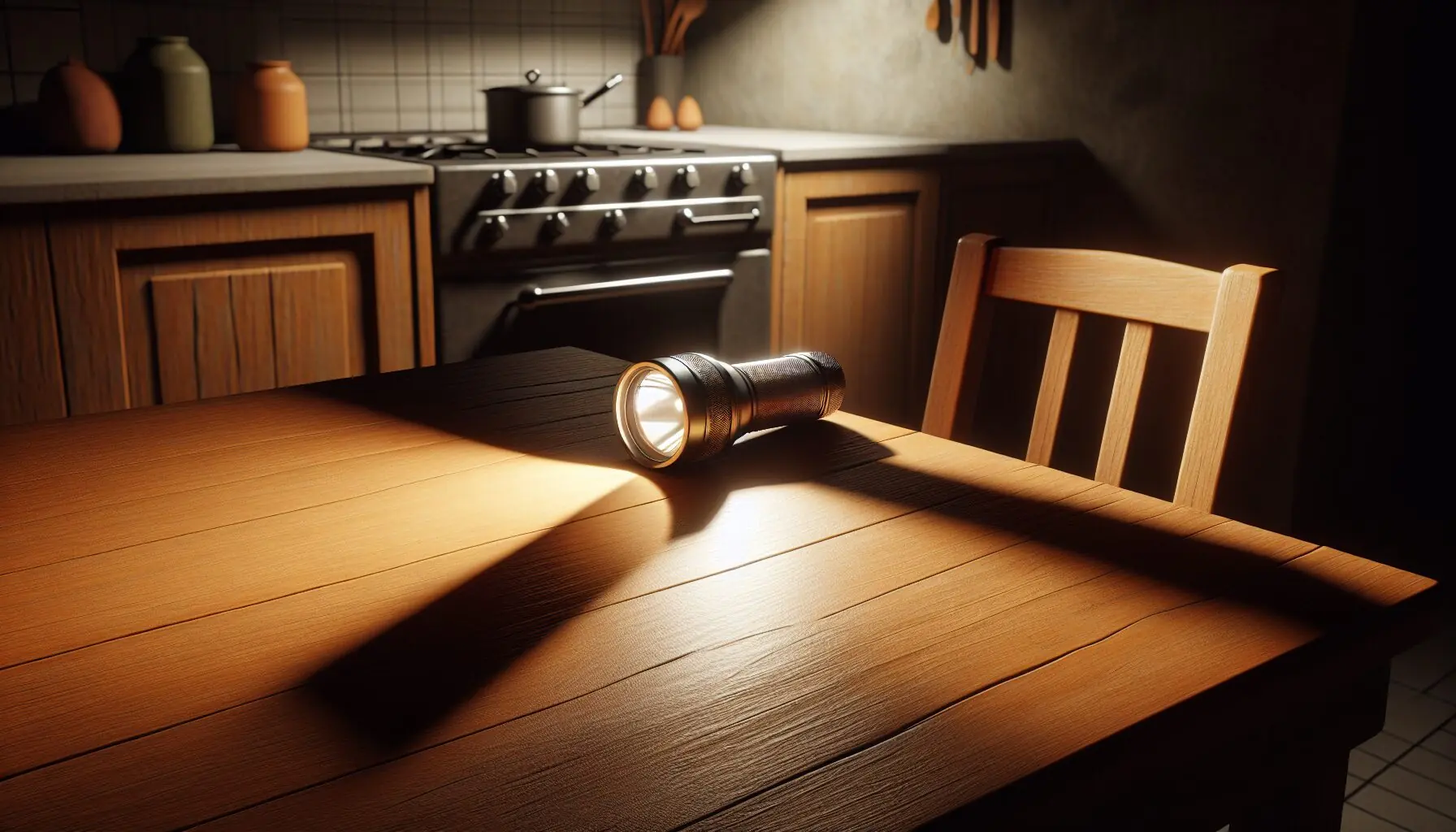 Generate an image of a room with dim lighting, a flashlight on a table, and subtle shadow shapes on the wall.