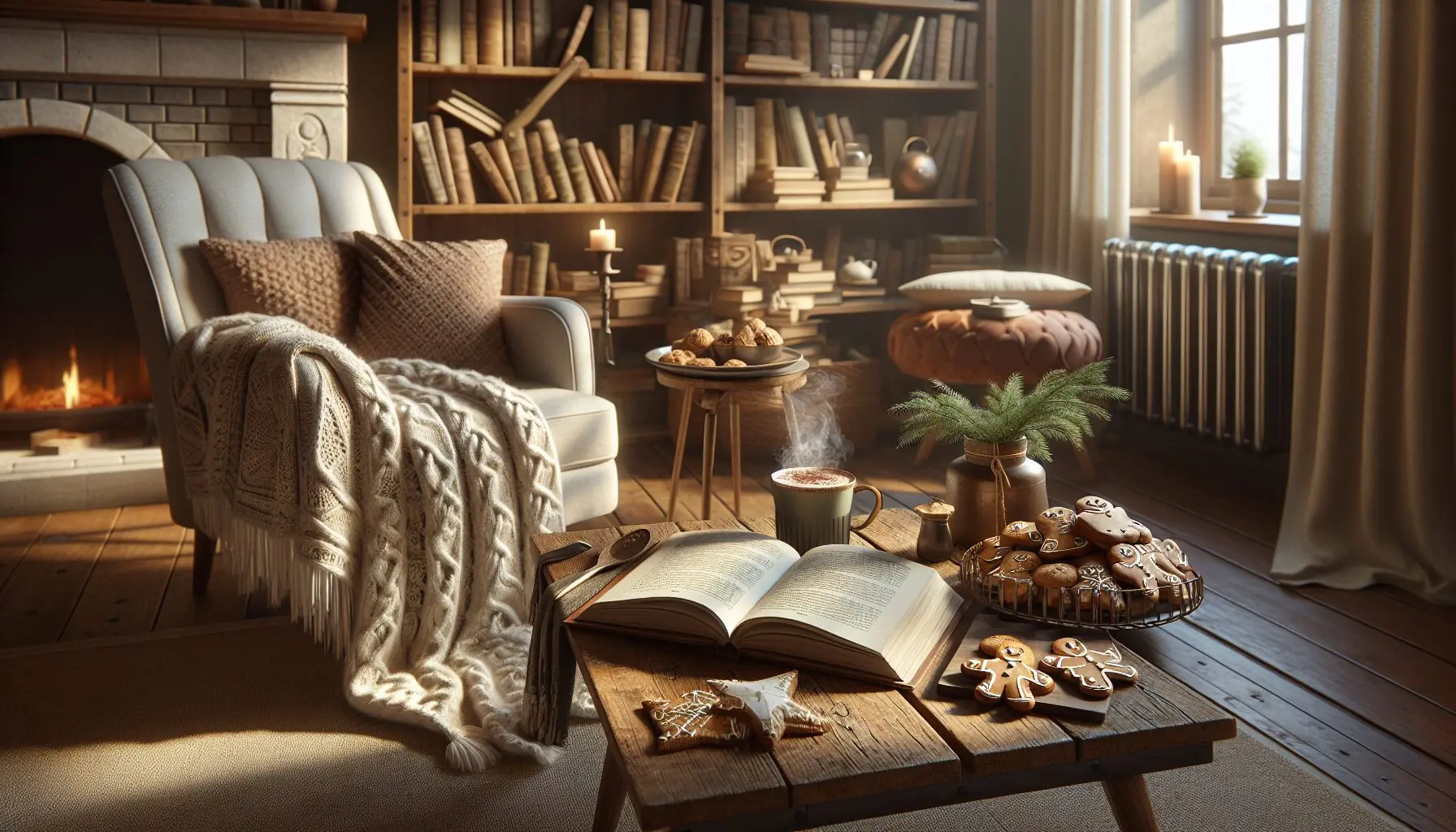 Generate an image of a cozy reading nook with a copy of 'The Gingerbread Man' book.