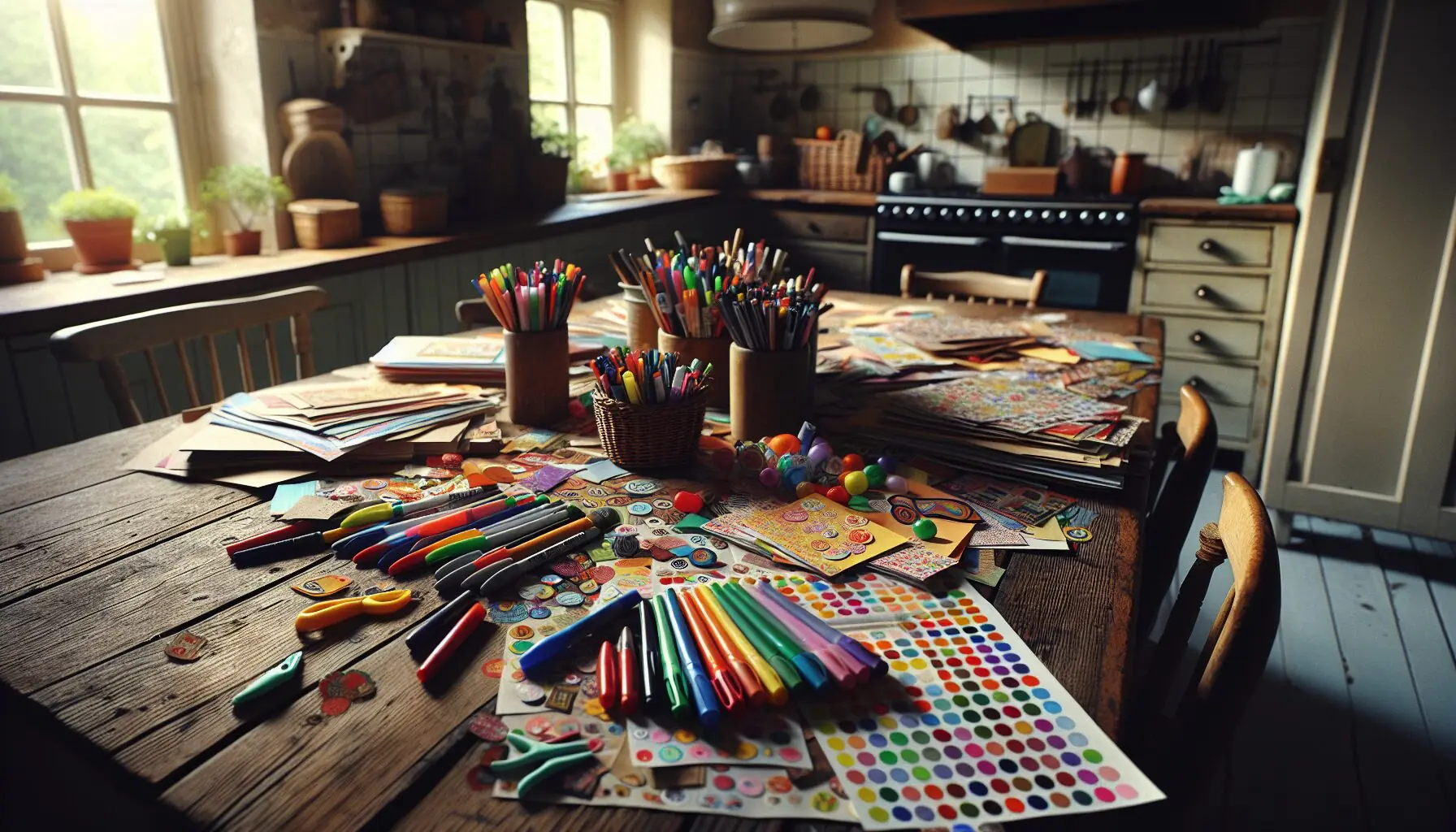 Generate an image of colorful paper with markers and sticker sheets spread out on a table.