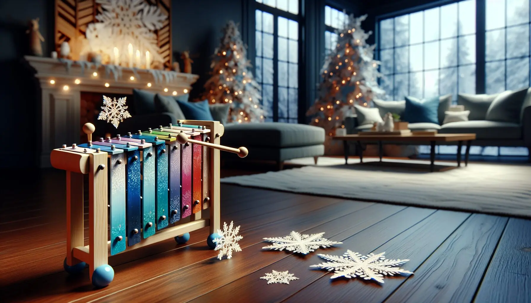 Generate an image of snowflakes on a xylophone against a cozy, winter-themed backdrop.
