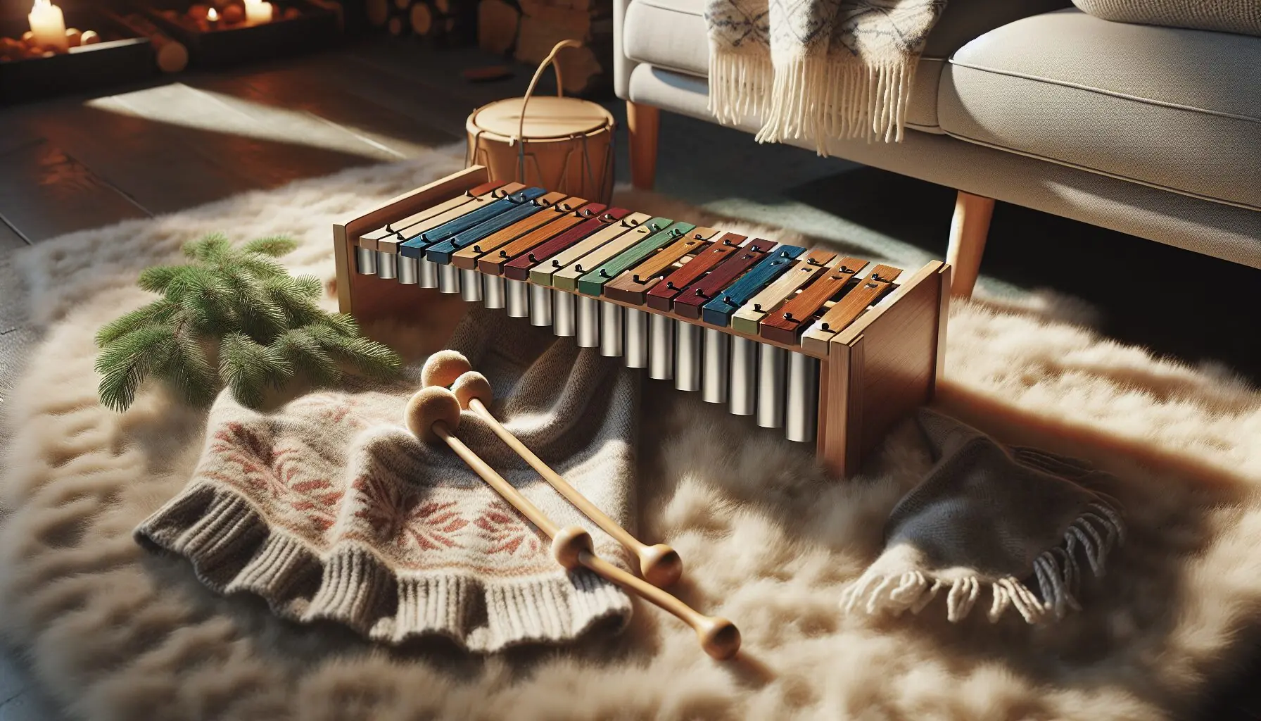 Illustrate a family setting with children playing a xylophone in a warm, inviting room decorated for winter.