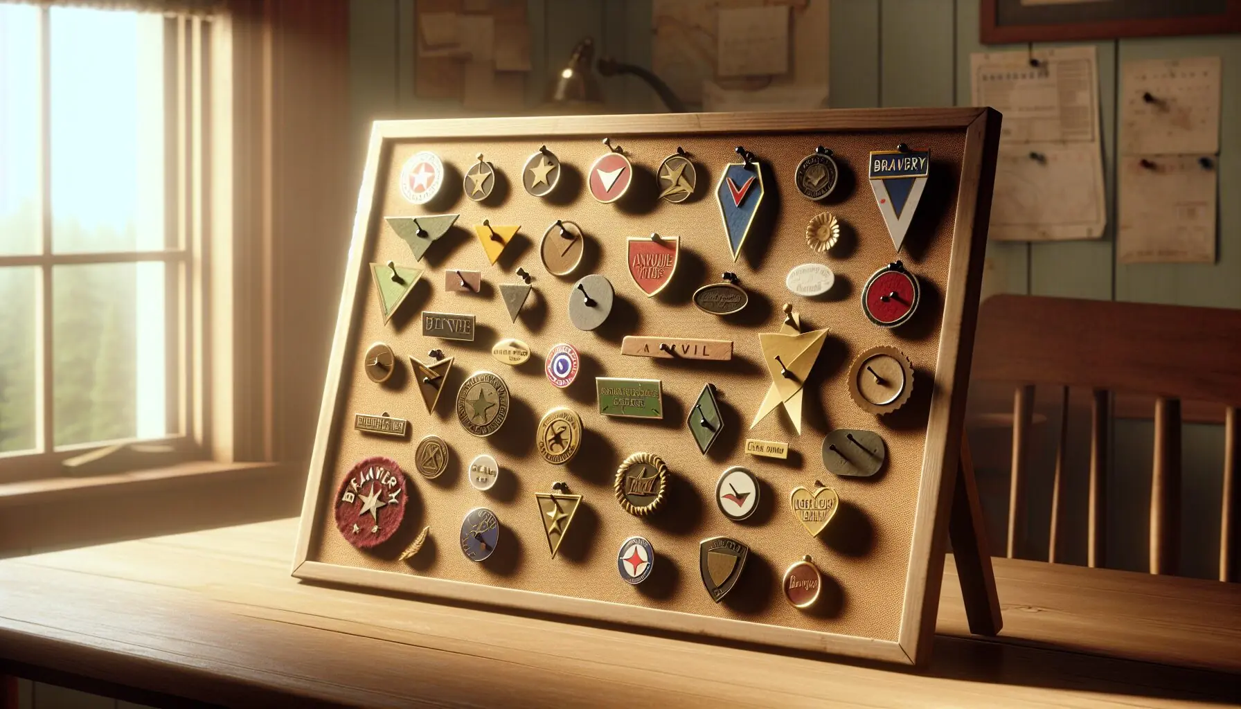 Generate an image of a bravery badge collection showing different designs pinned to a corkboard.
