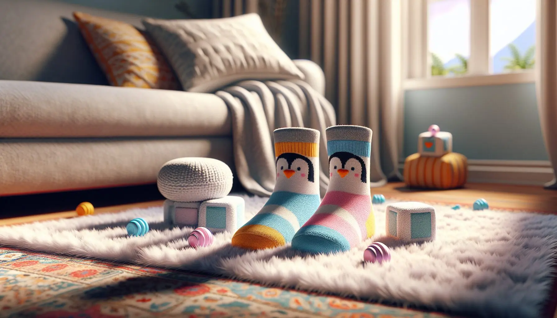 Generate an image of a child playfully waddling like a penguin drawn in cartoon style with smiling parents in the background.