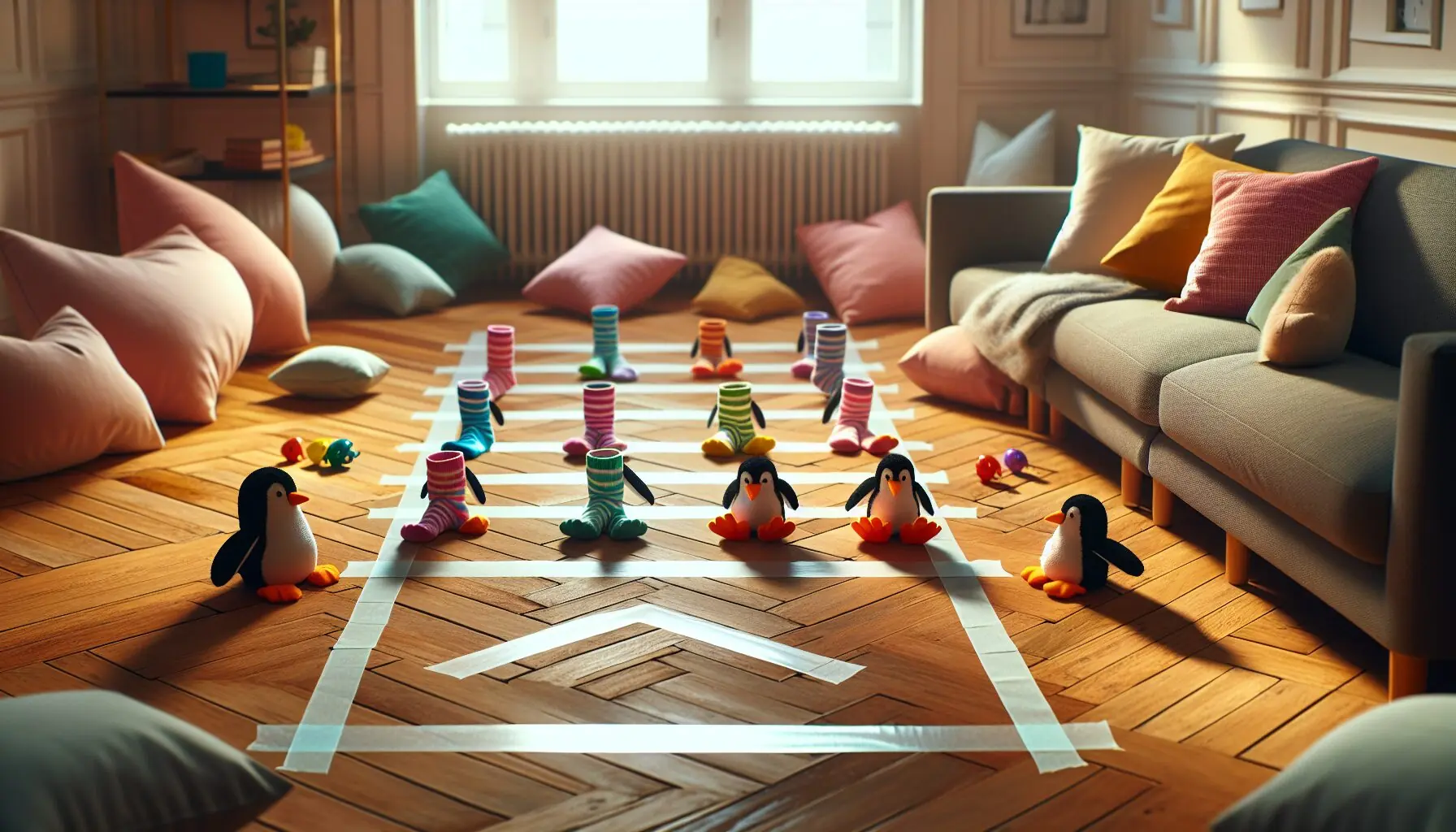 Generate an image of a whimsical indoor space with socks placed around to mimic penguin feet and masking tape lines on a wooden floor.