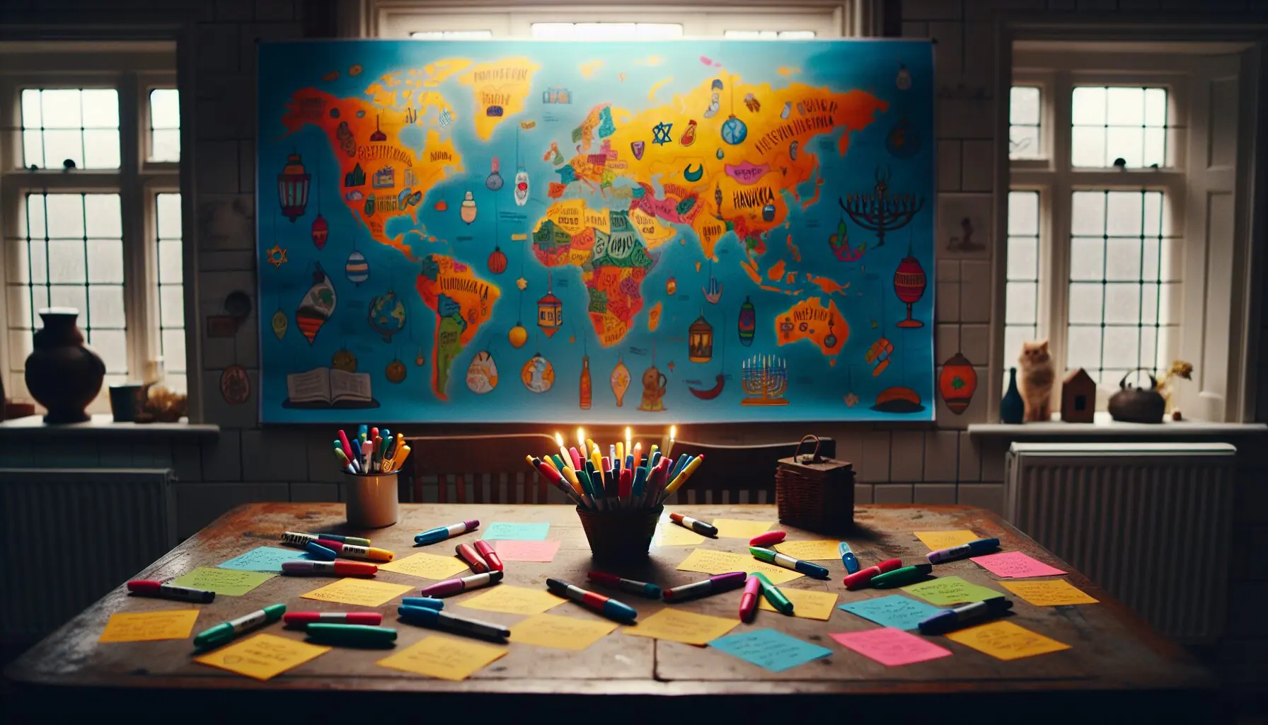 Generate an image of a colorful world map with markers, post-it notes, and symbols depicting different holiday traditions.