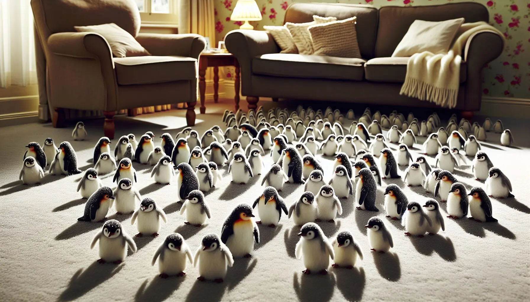 Generate an image of a group of illustrated penguins waddling across a snowy landscape.