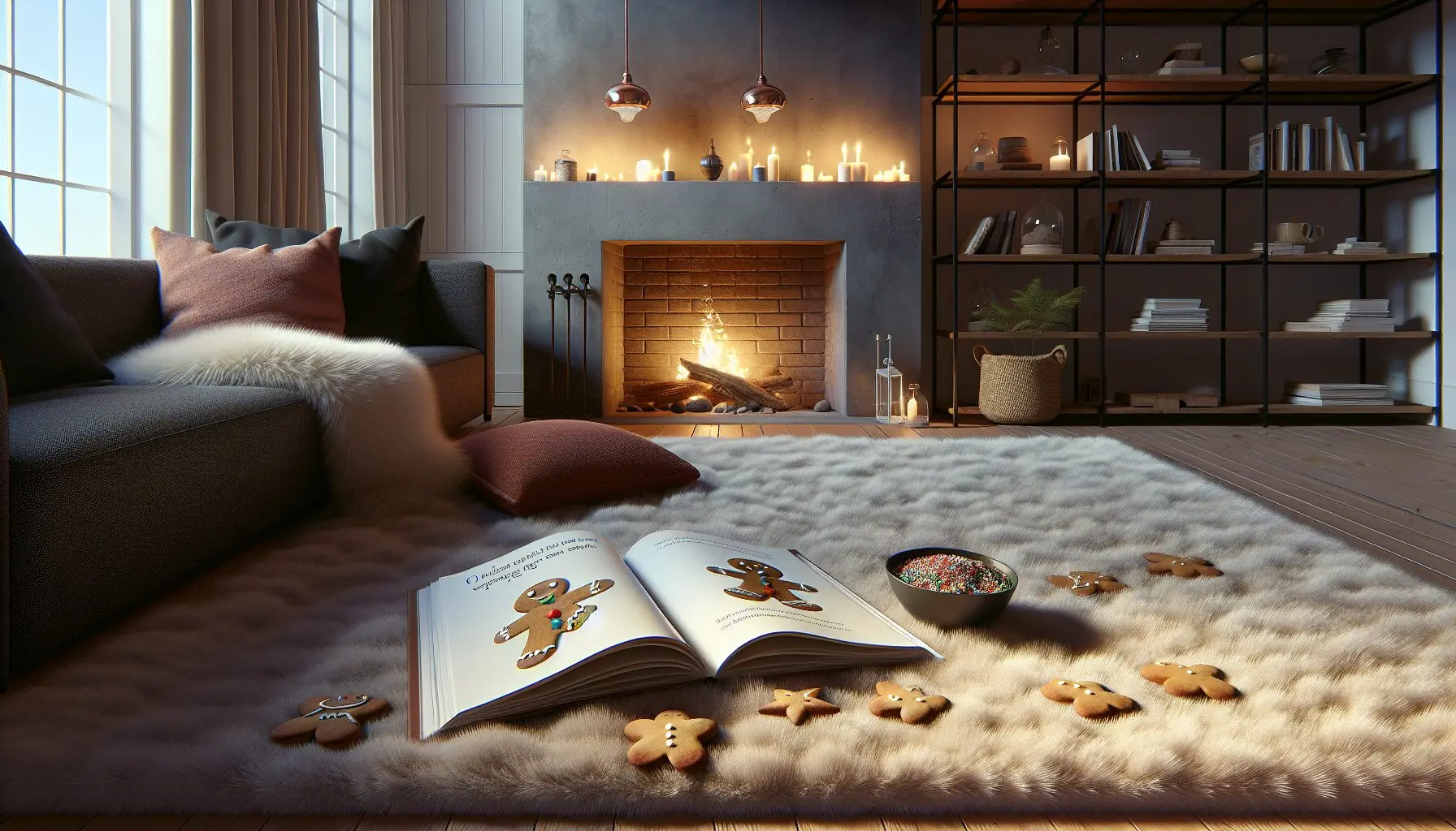Generate an image of a child reading or telling a storybook near a cozy fireplace, imagining the gingerbread man's journey.