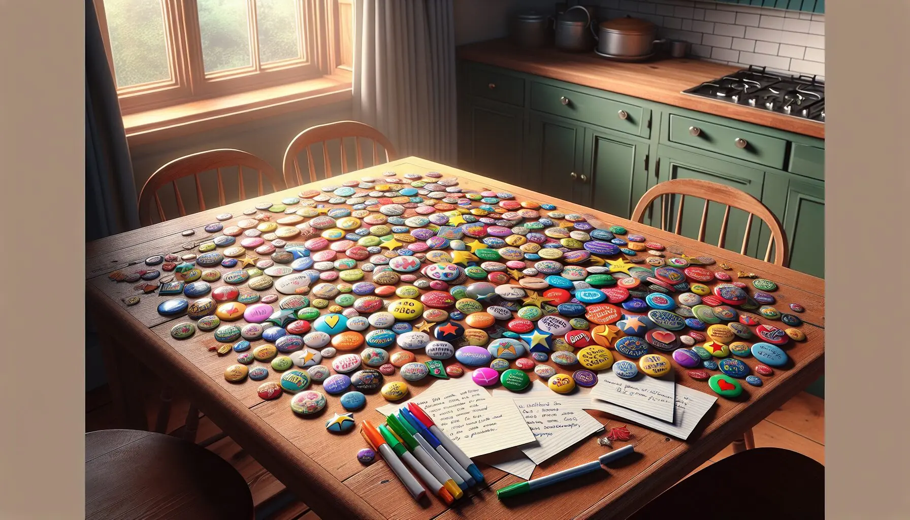 Generate an image of a family gathered around a table, immersed in storytelling with colorful badges laid out.