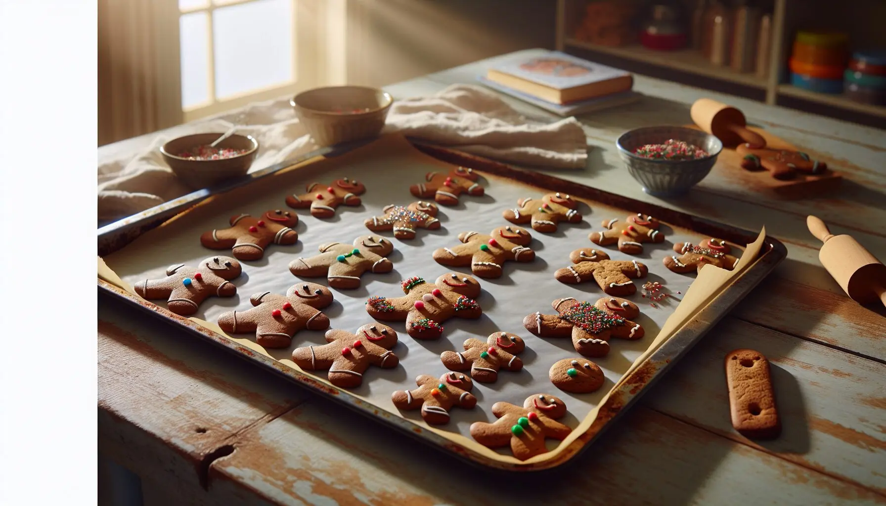 Generate an image of gingerbread men being decorated with colorful icing, sprinkles, and edible eyes on a baking sheet.