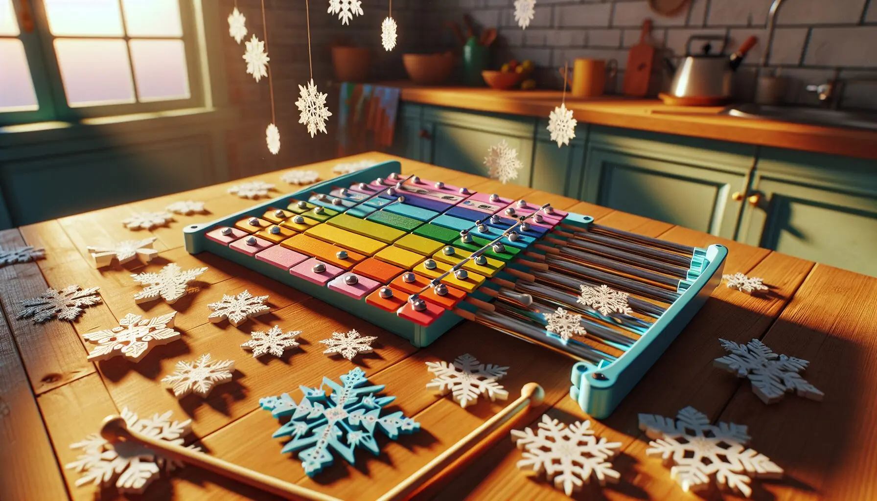 Create an image showing a colorful xylophone with various stickers or markers beside snowflake paper cutouts.
