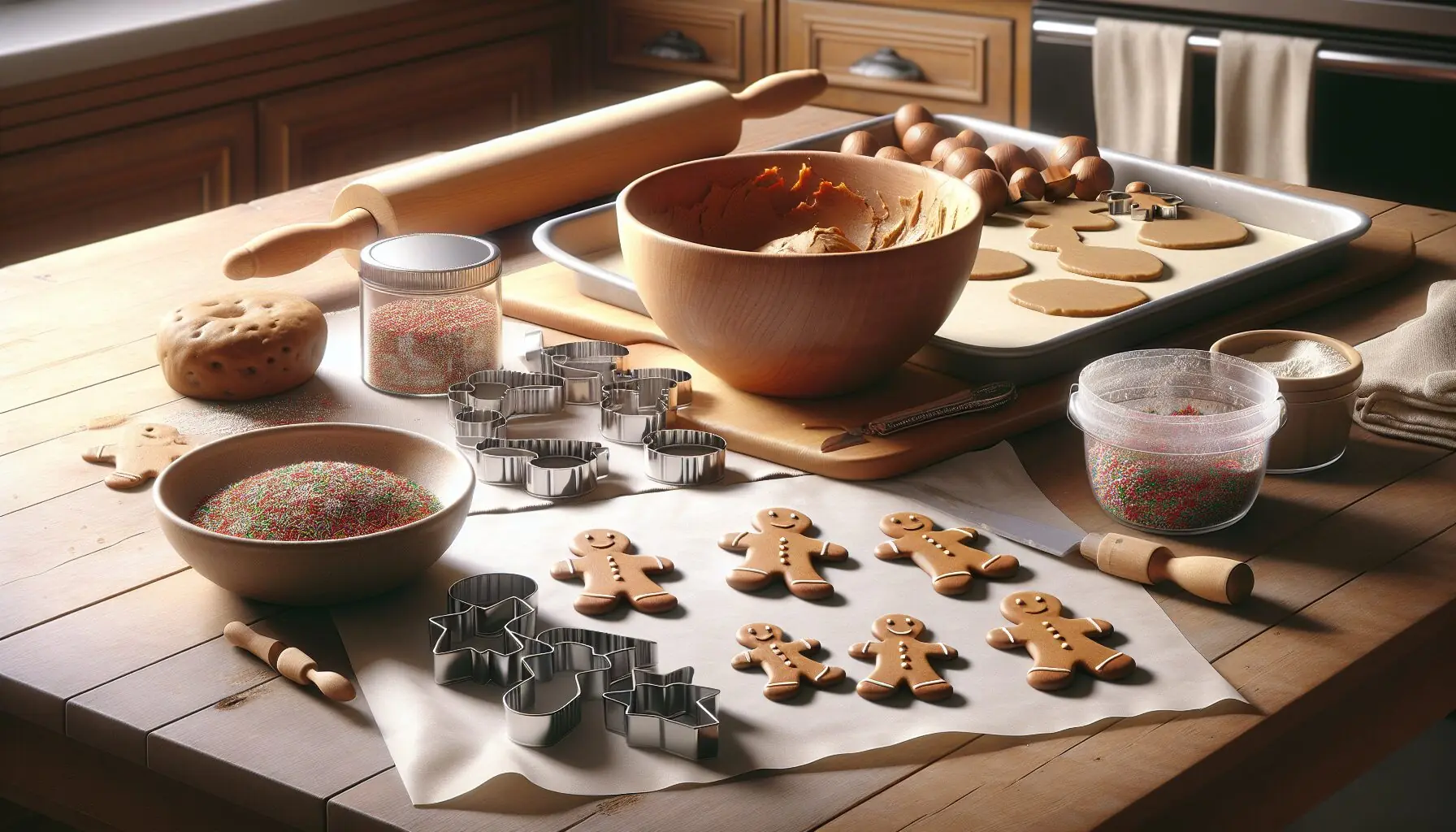 Generate an image of a cozy kitchen with gingerbread ingredients like cookie cutters and dough on a wooden counter.