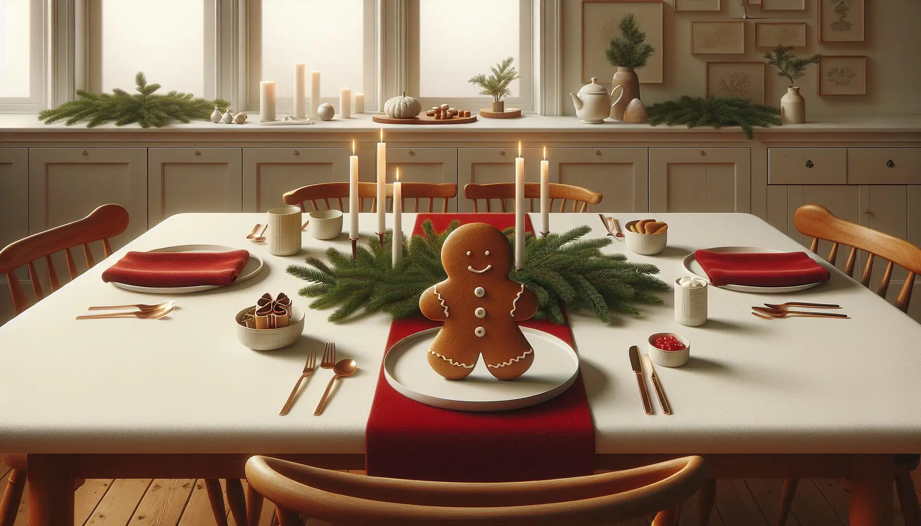 Generate an image of a festive dining table with gingerbread men featured as a centerpiece, surrounded by holiday decor.