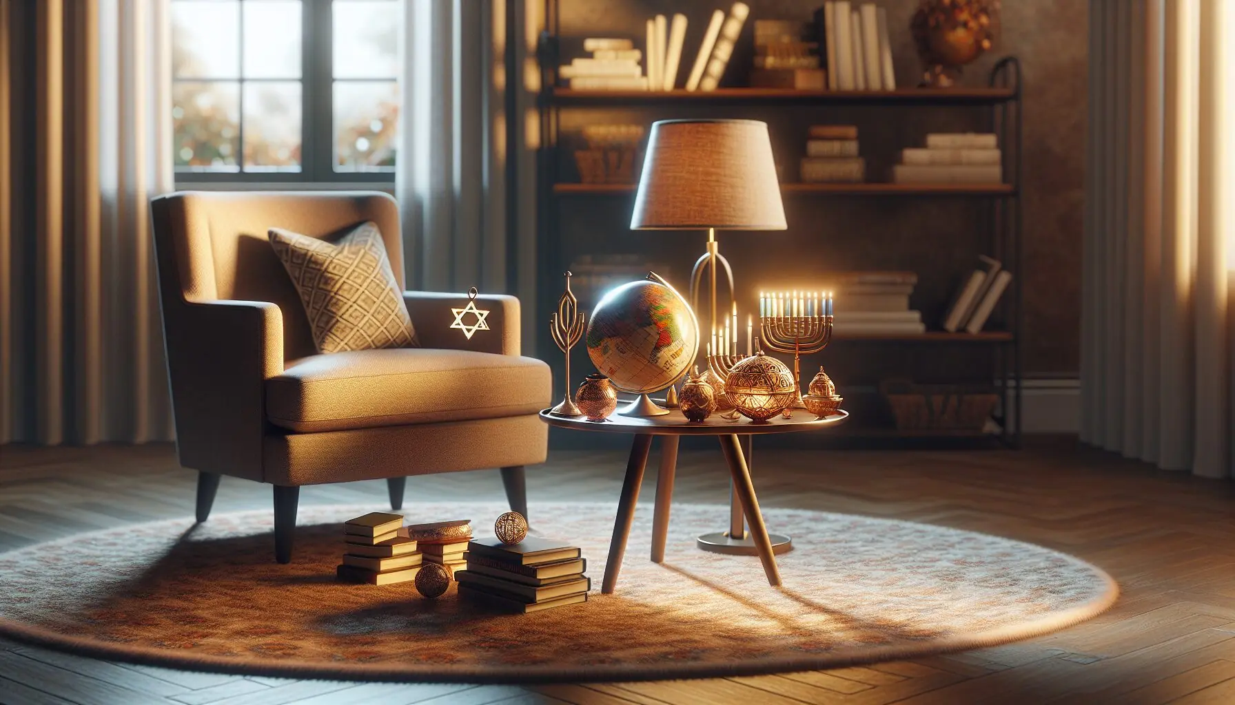 Generate an image of a cozy living room with a globe and various holiday symbols scattered around.